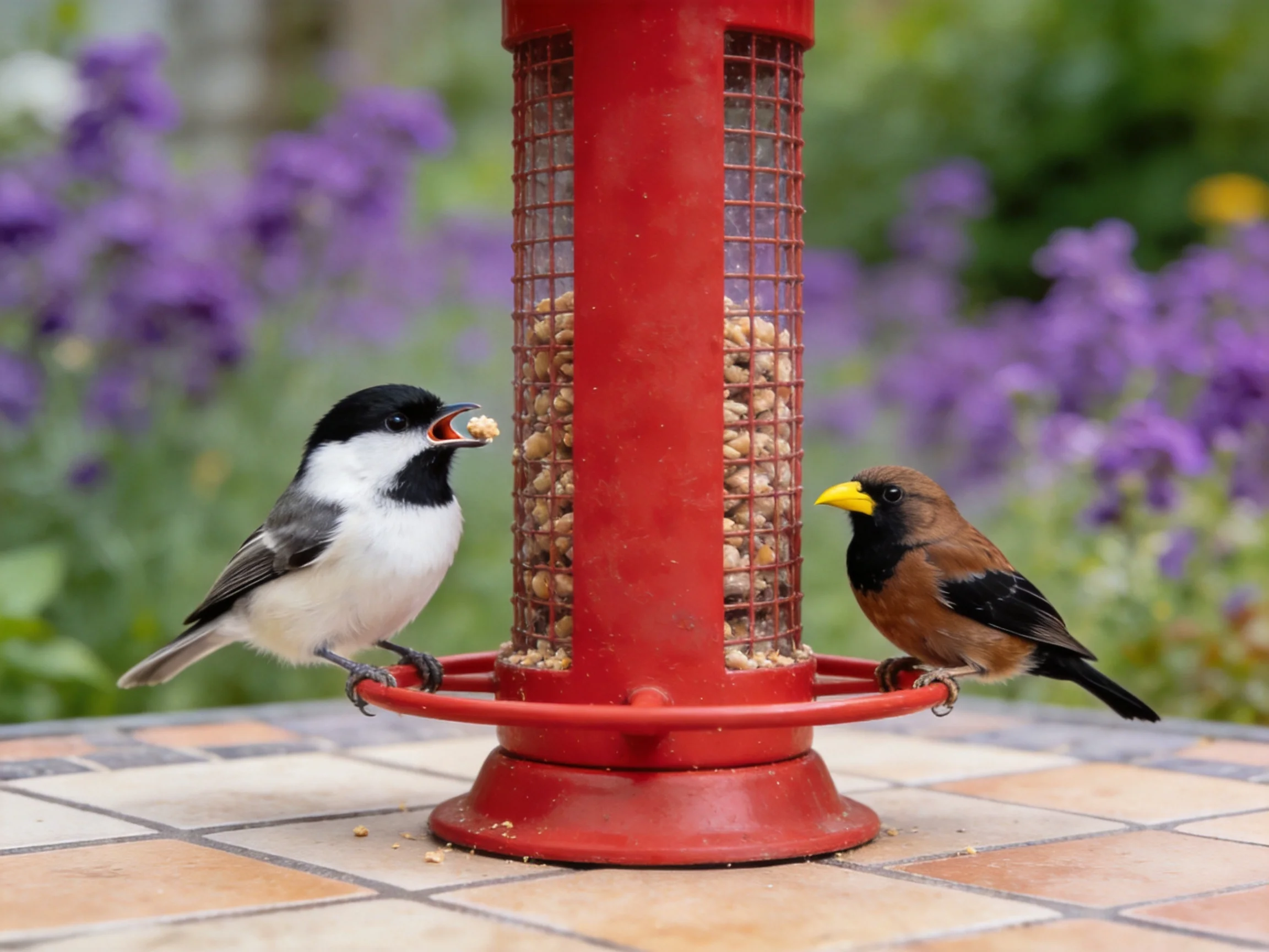 Two birds feeding from a red bird feeder near purple blooms