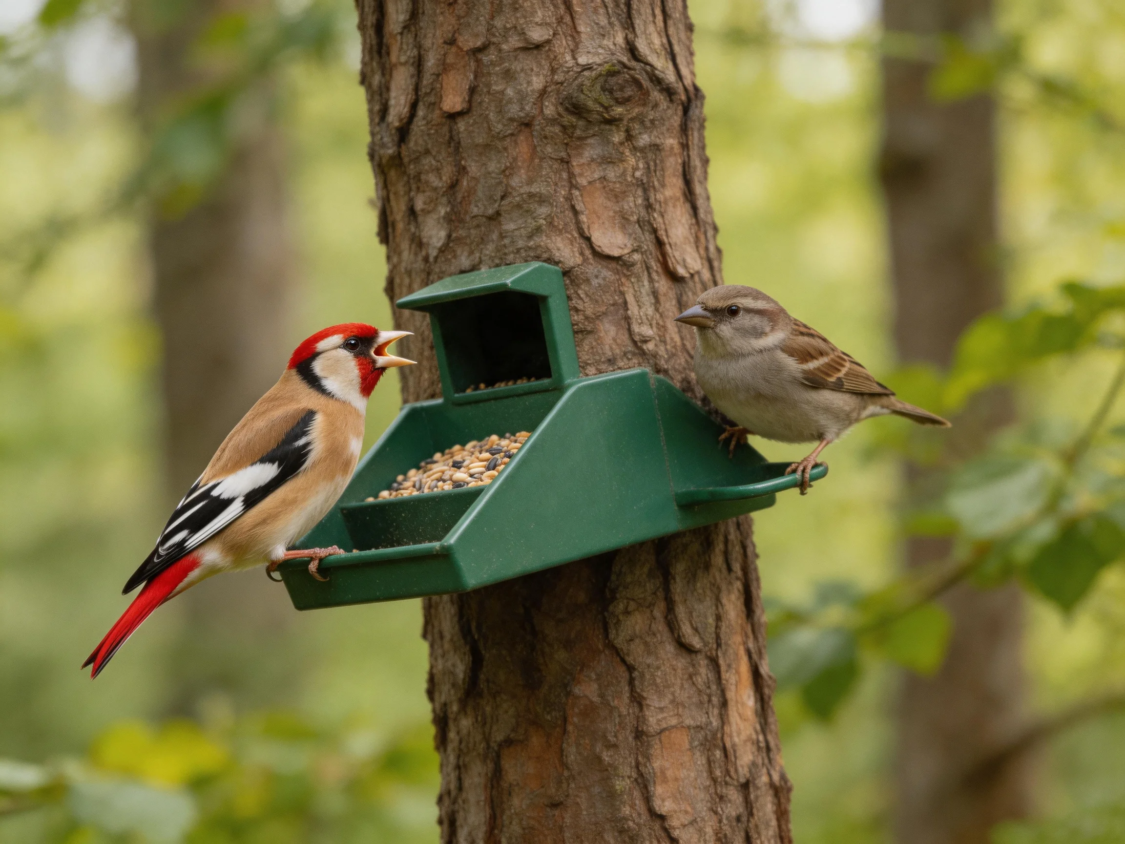 Two birds interact near a green bird feeder on a tree trunk