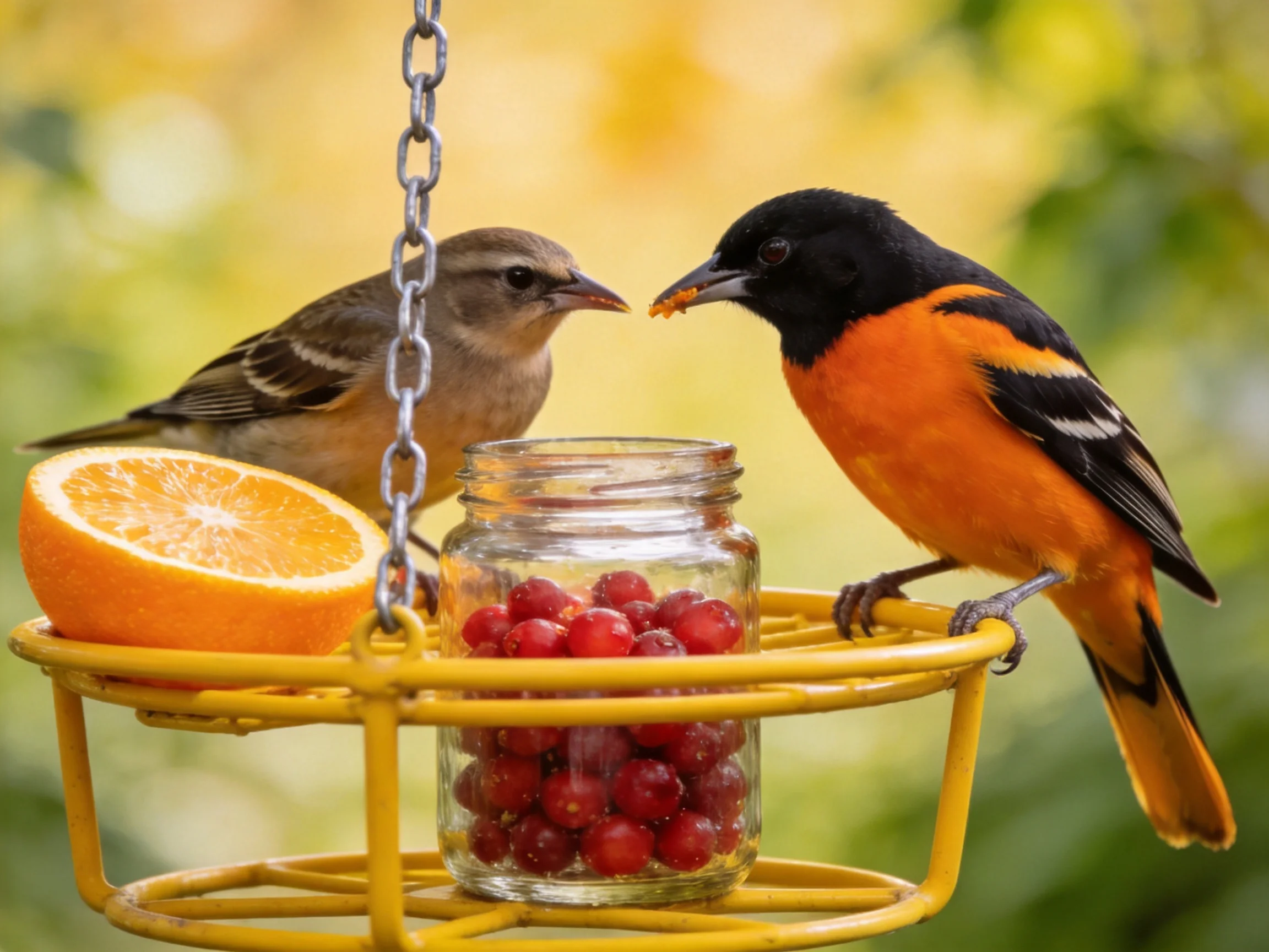 Two birds interact near an orange slice and berry jar on a yellow feeder