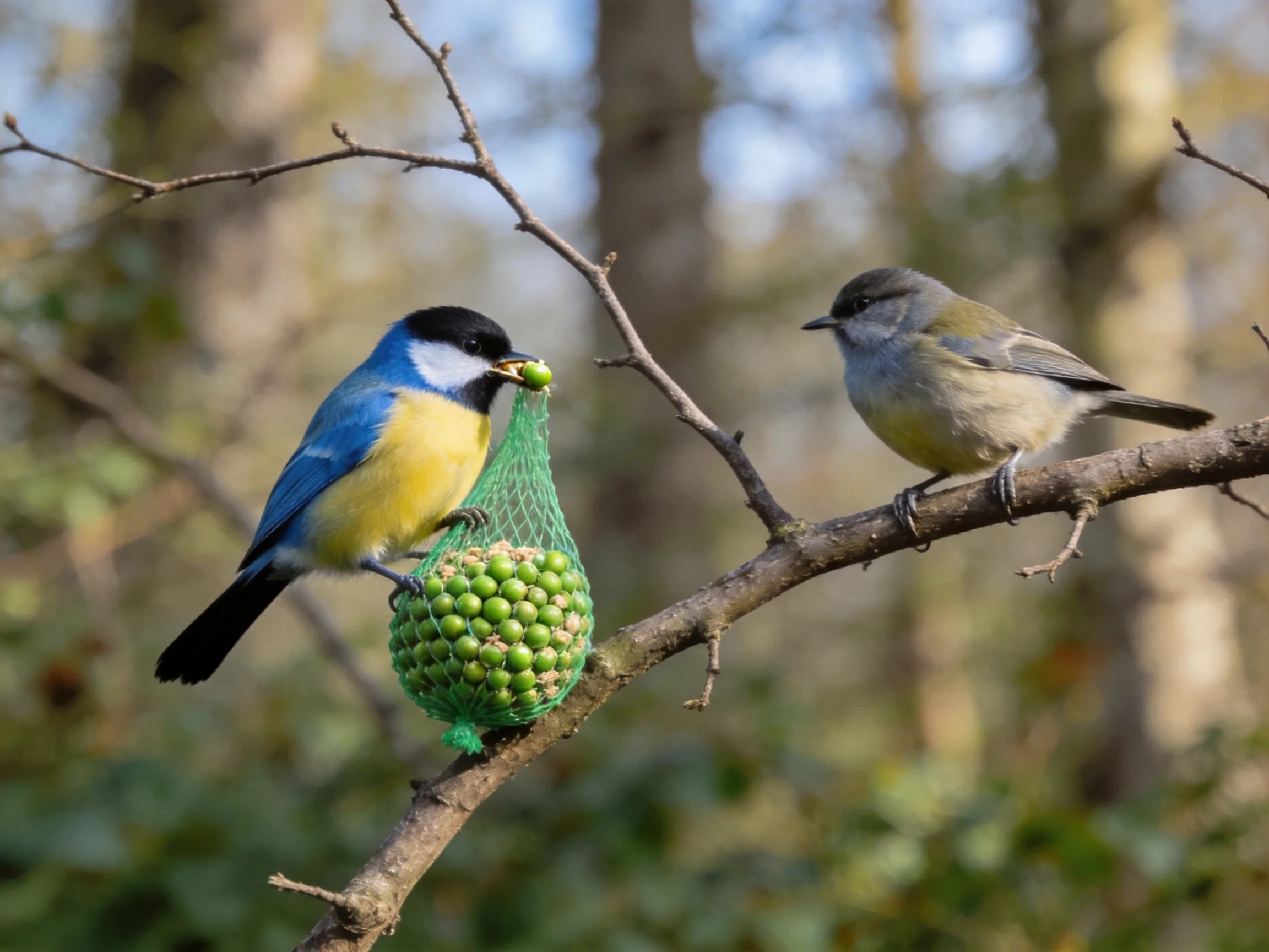 Two birds interact with a green seed feeder on a tree branch