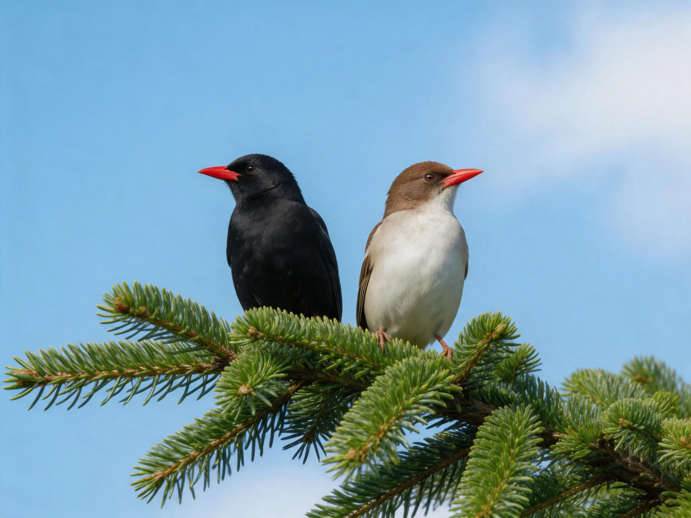 Two birds of different colors rest on a green pine branch under blue sky