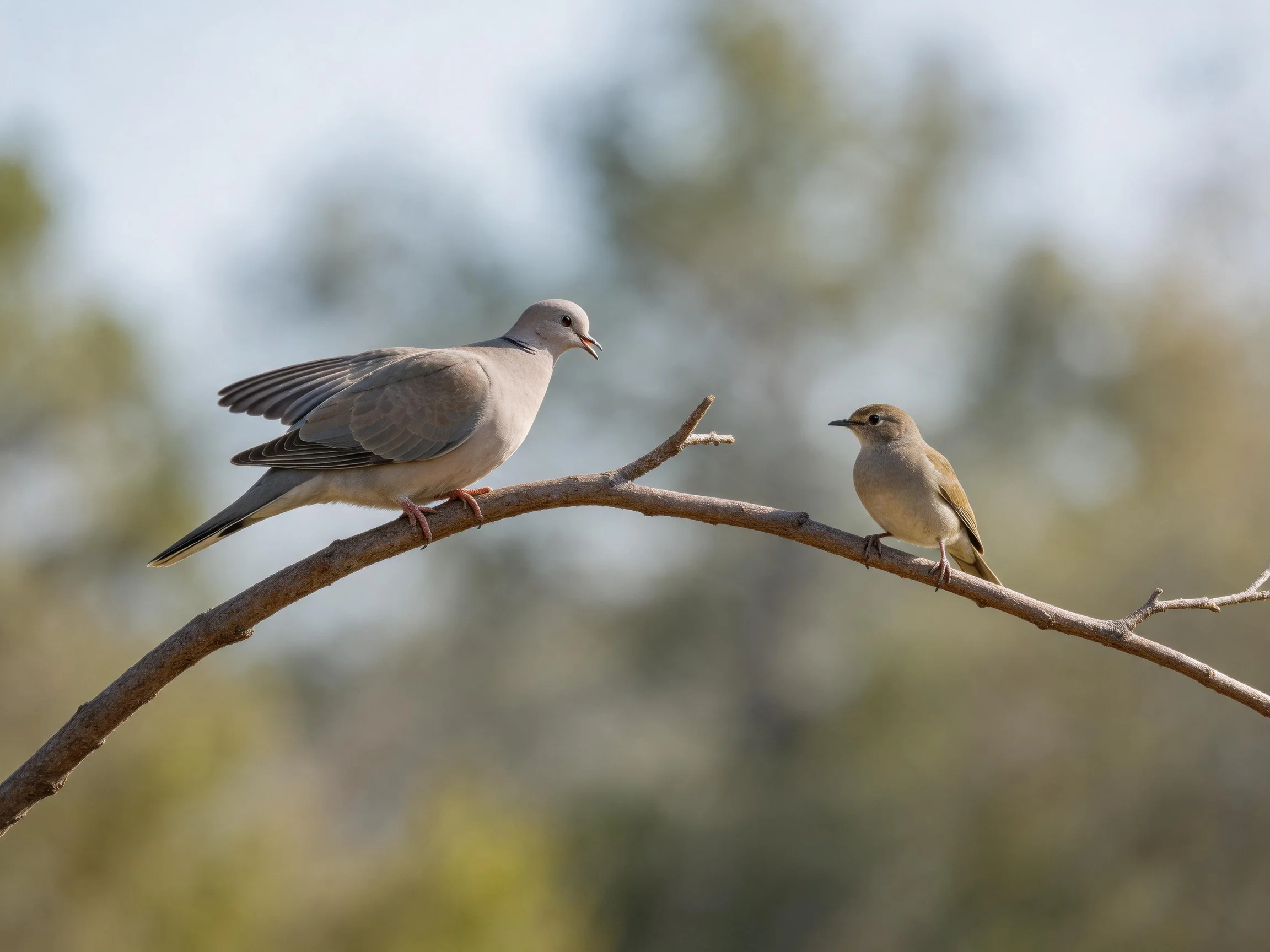 Two birds of different sizes perch on a bare tree branch