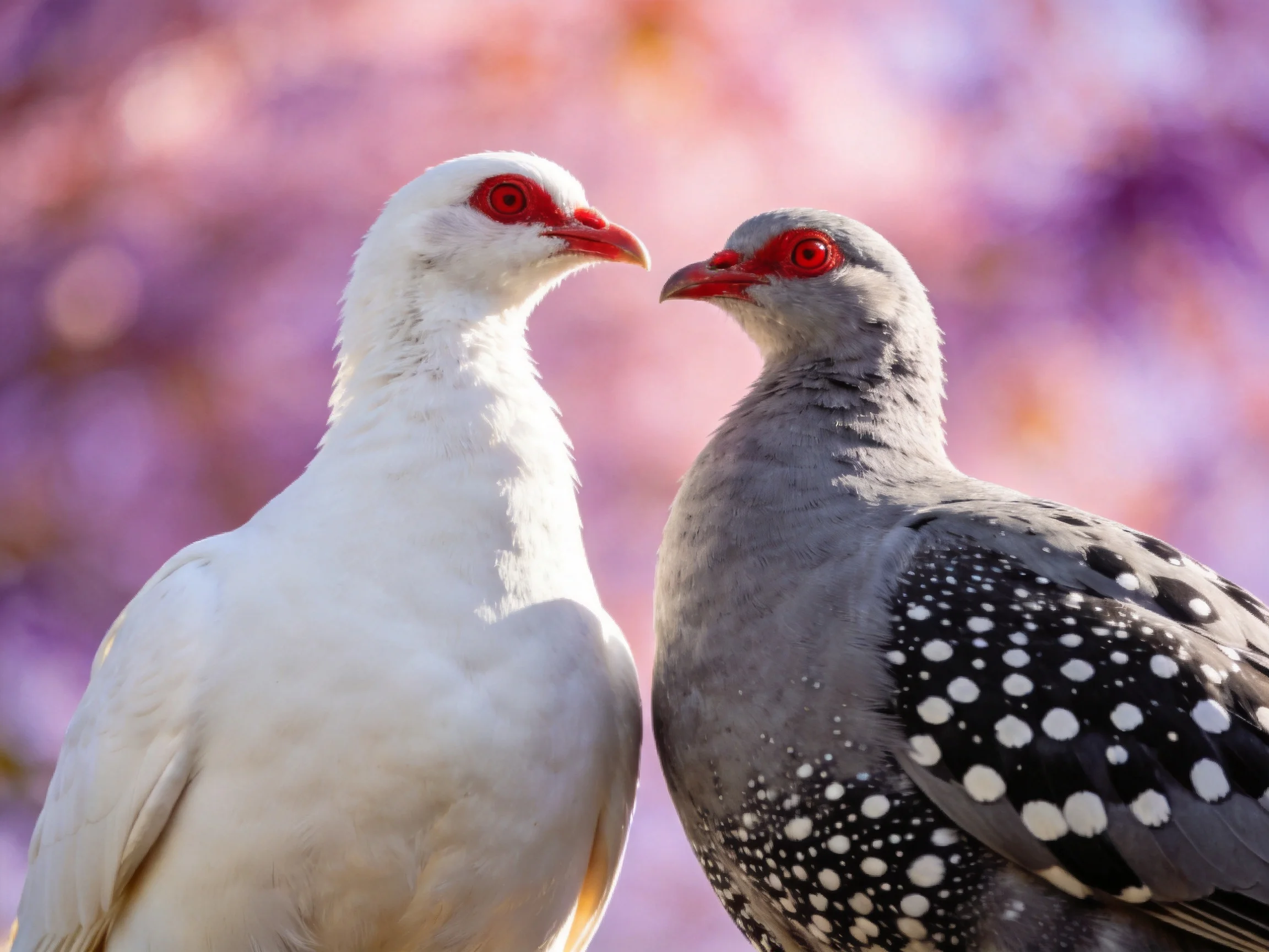 Two birds, one white and one spotted gray, face each other closely.