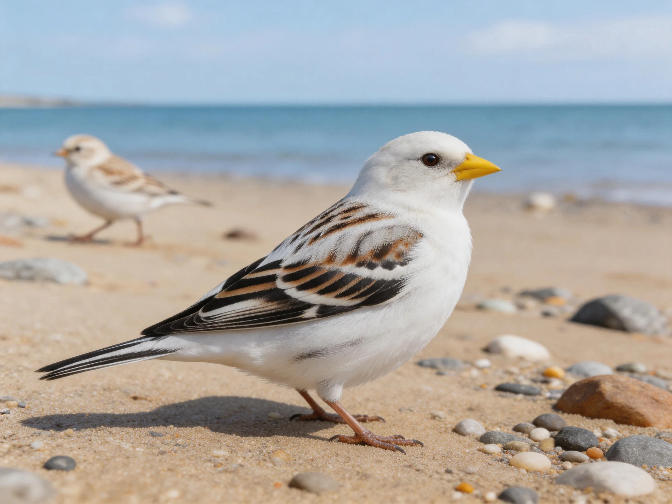 Two birds, one white with brown markings, one beige, on a pebbly sandy beach by the ocean.