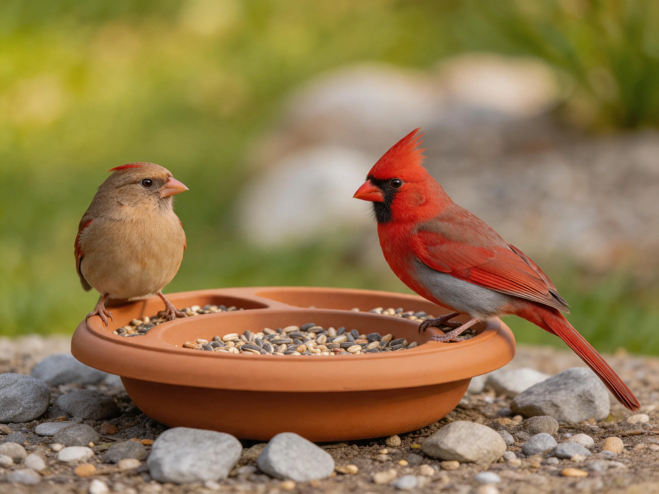 Two birds rest on a terracotta feeder with seeds amid pebbles