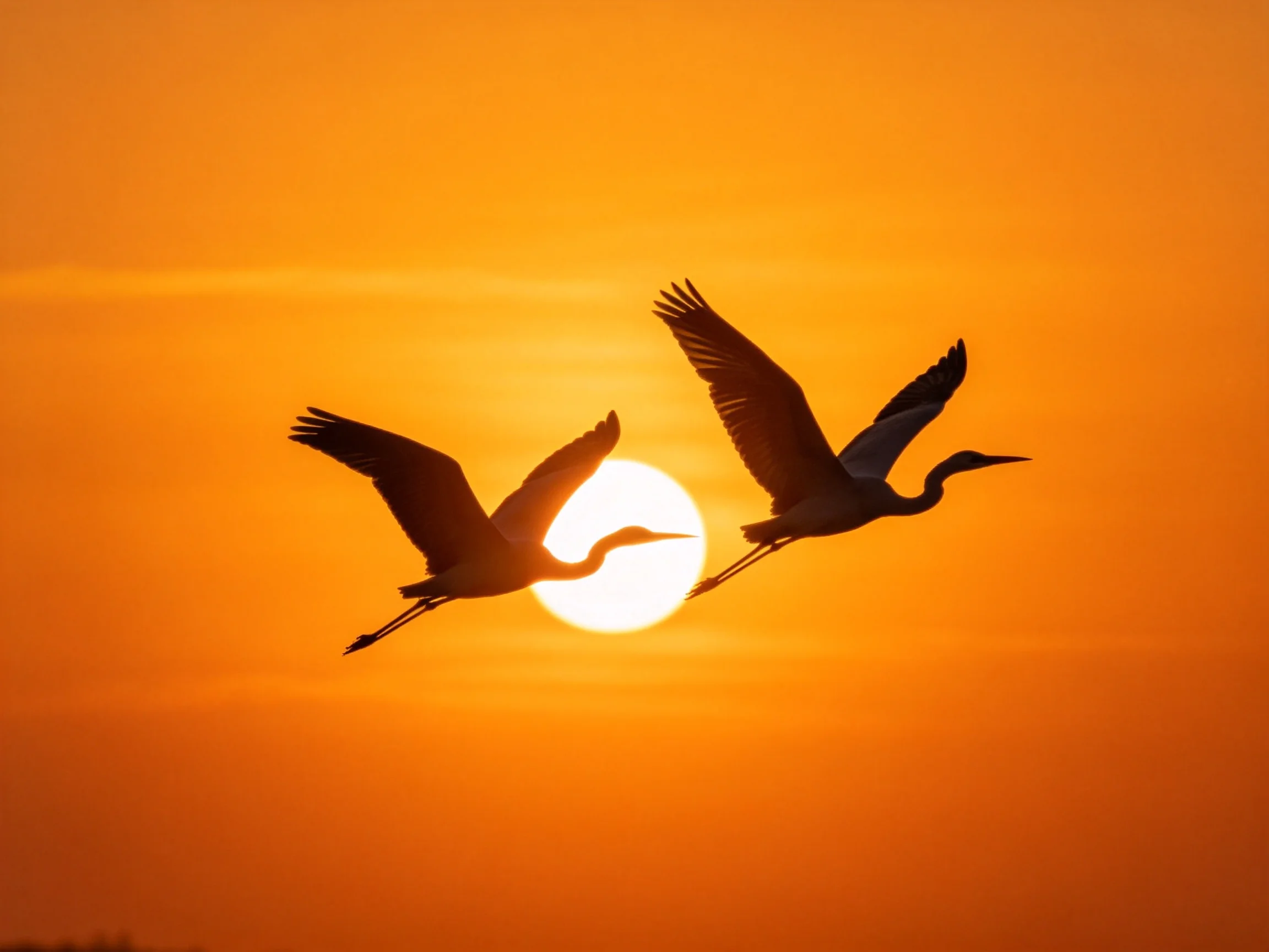 Two birds silhouetted against a vibrant orange sunset