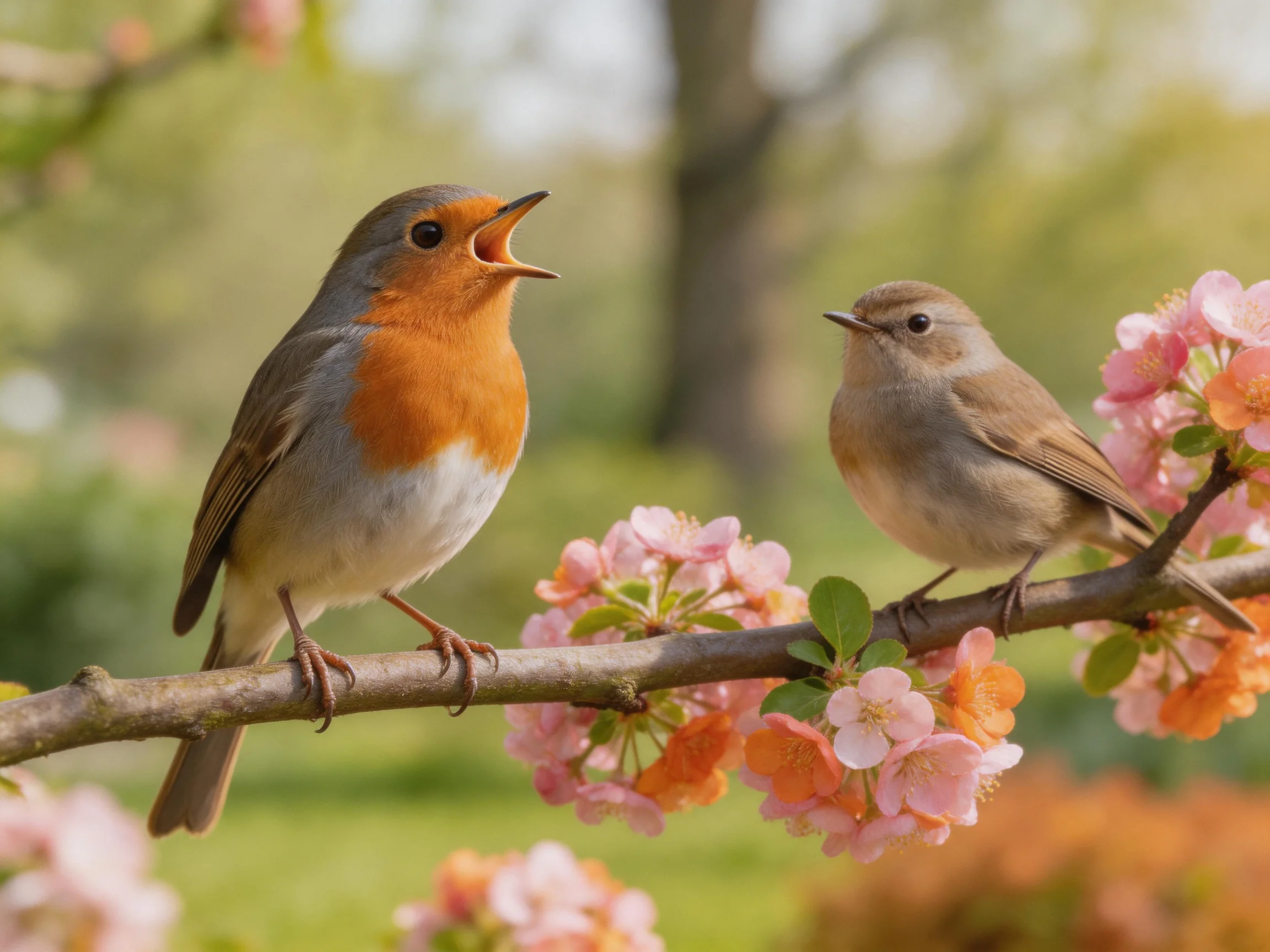 Two birds sit on flowering branch; bright robin sings, muted bird observes