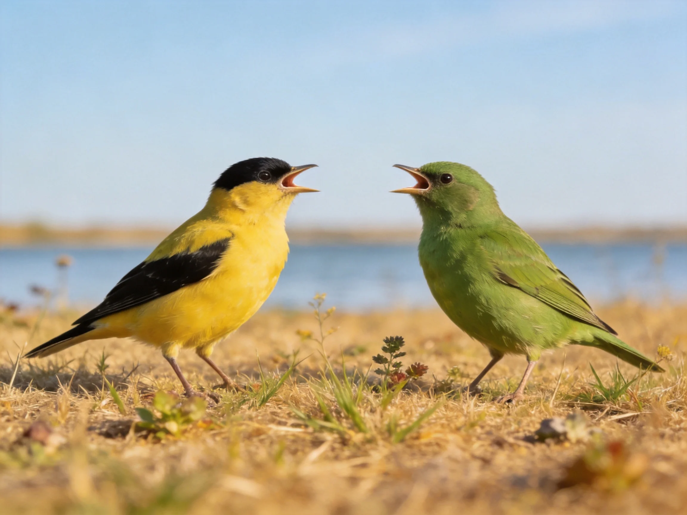 Two birds with contrasting plumages interact on dry ground near water