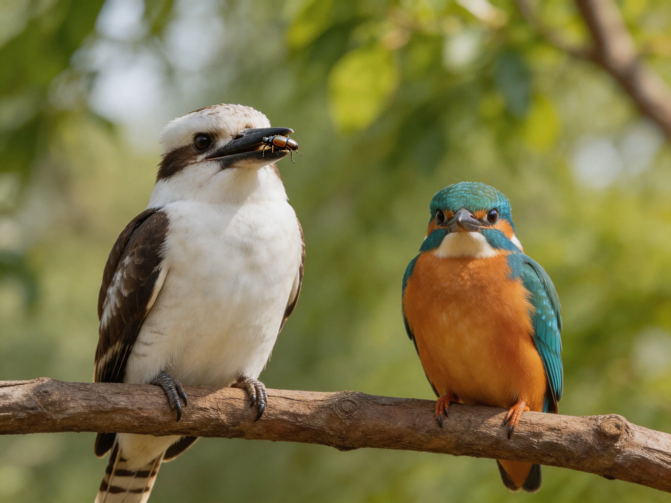 Two birds with contrasting plumages rest on a tree branch