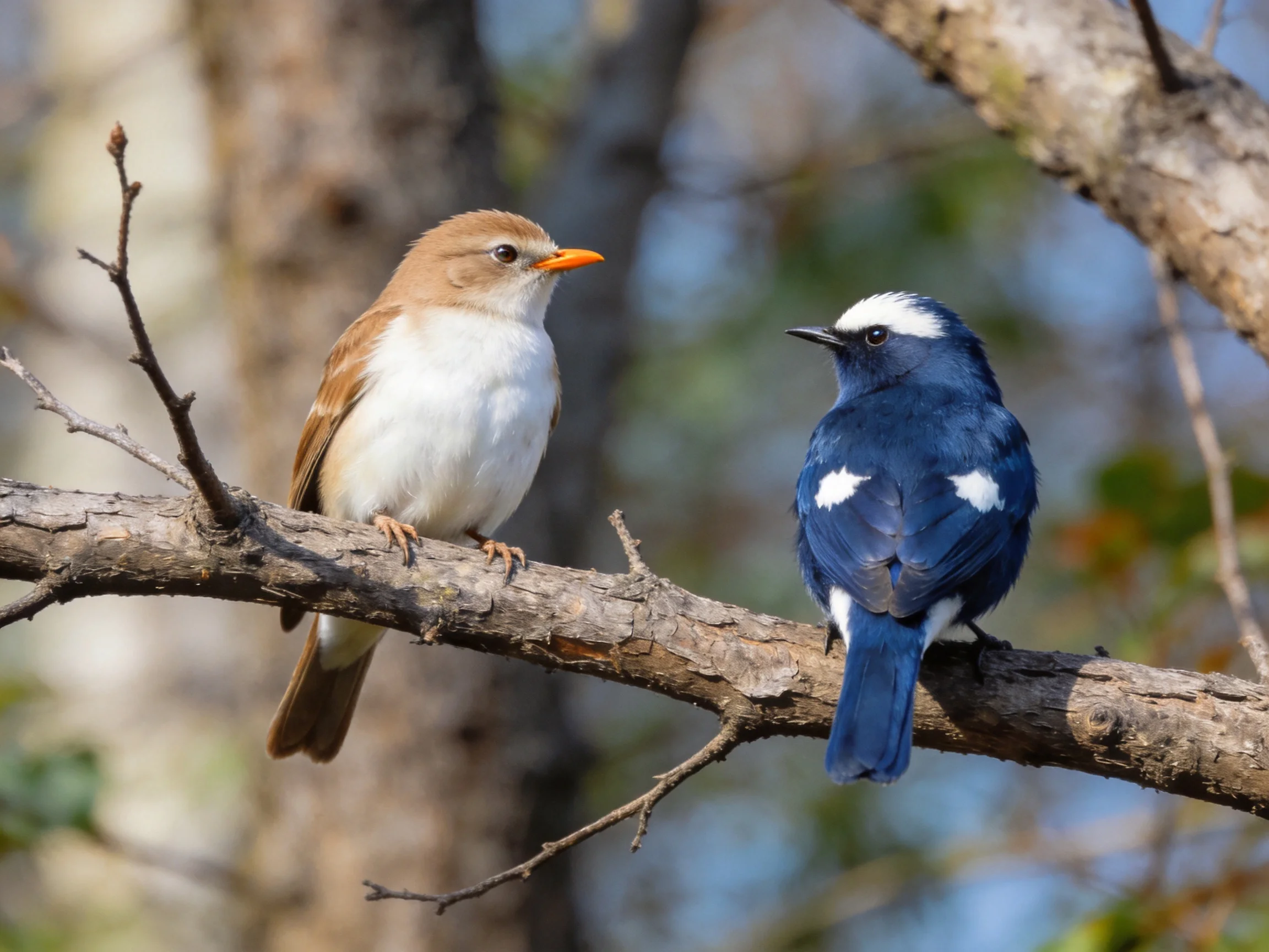 Two birds with contrasting plumages sit on a tree branch