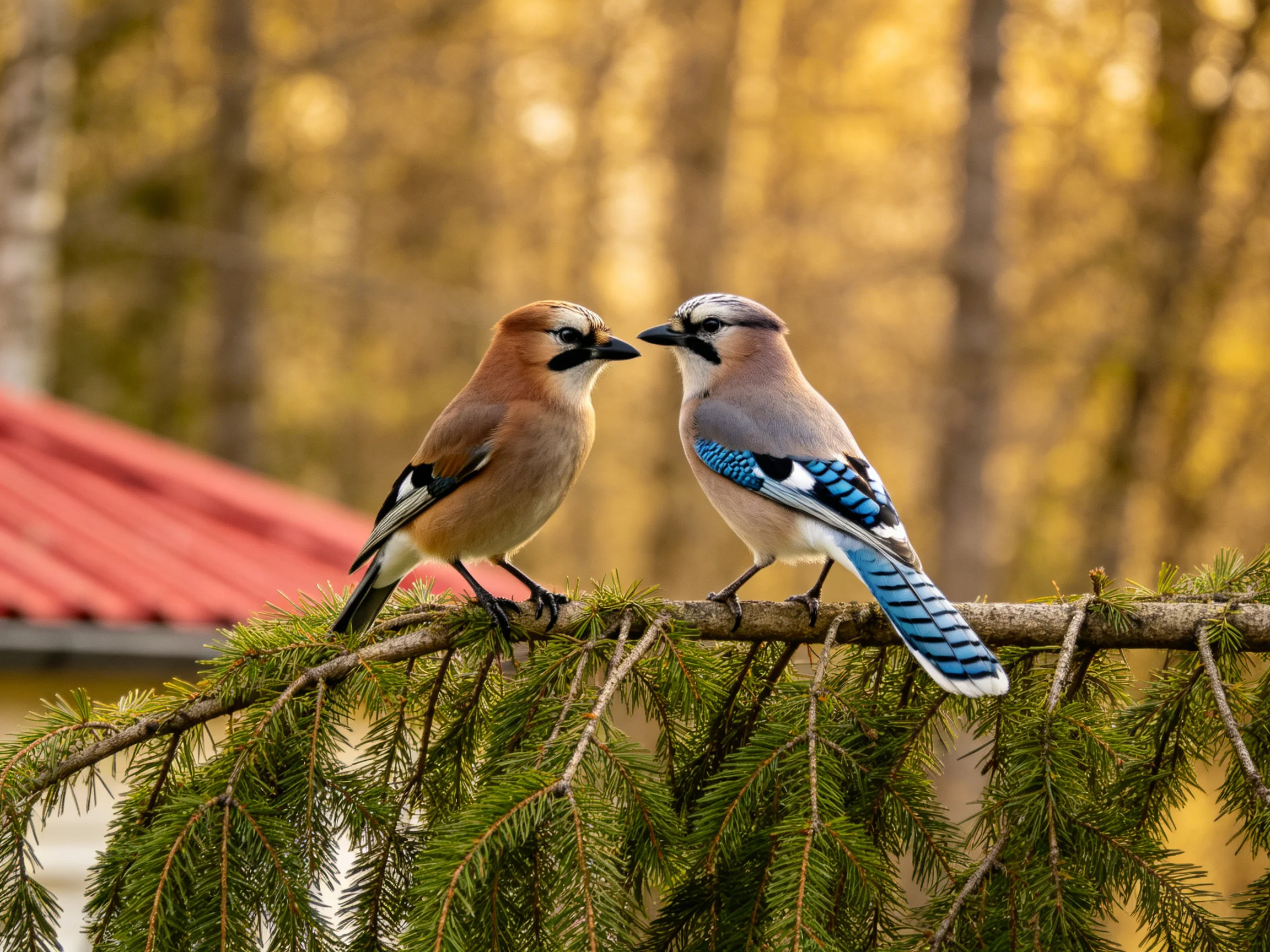 Two birds with distinct feather patterns sit on a pine branch near a red roof.
