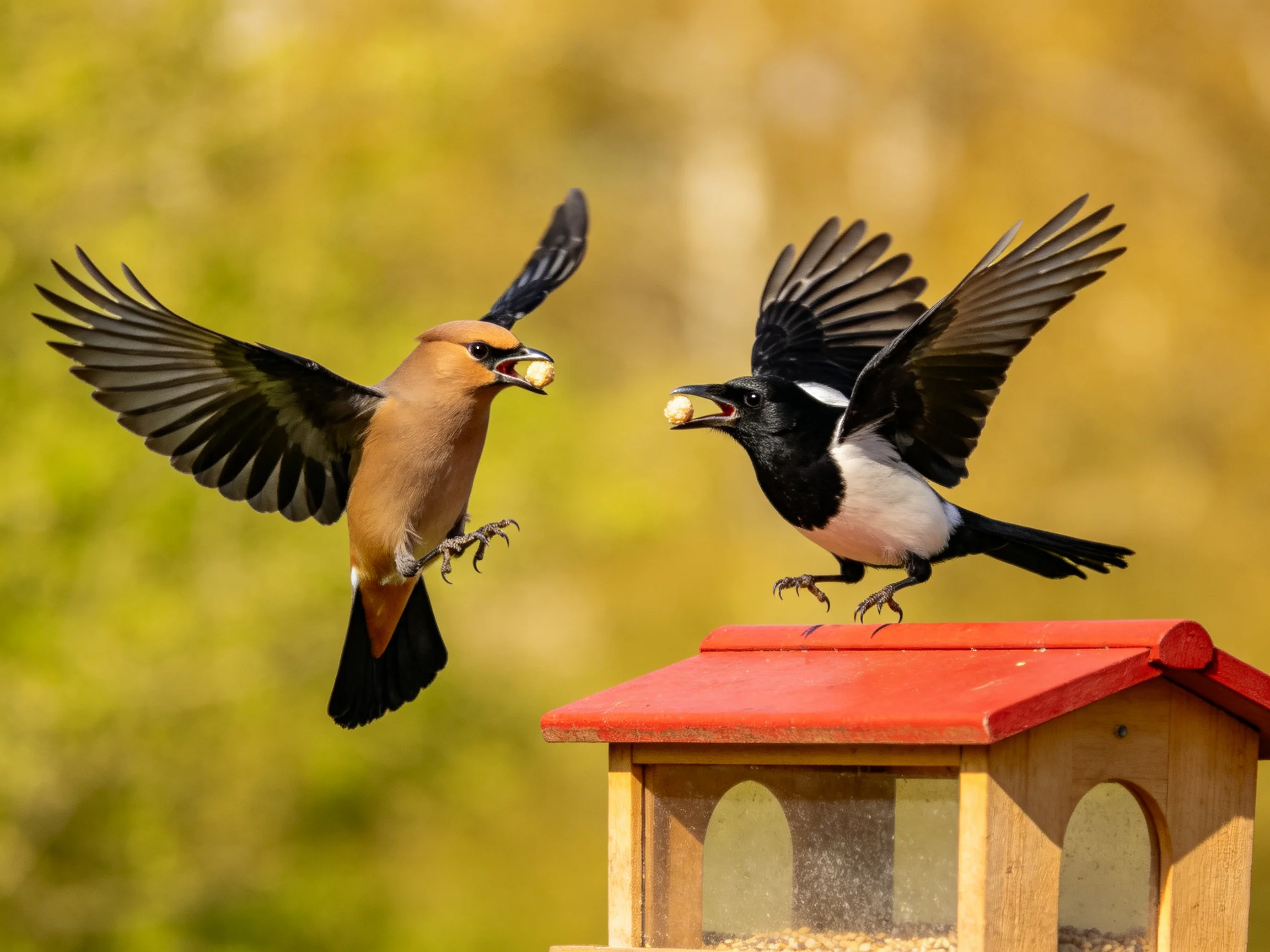 Two birds with food fly toward a red wooden feeder