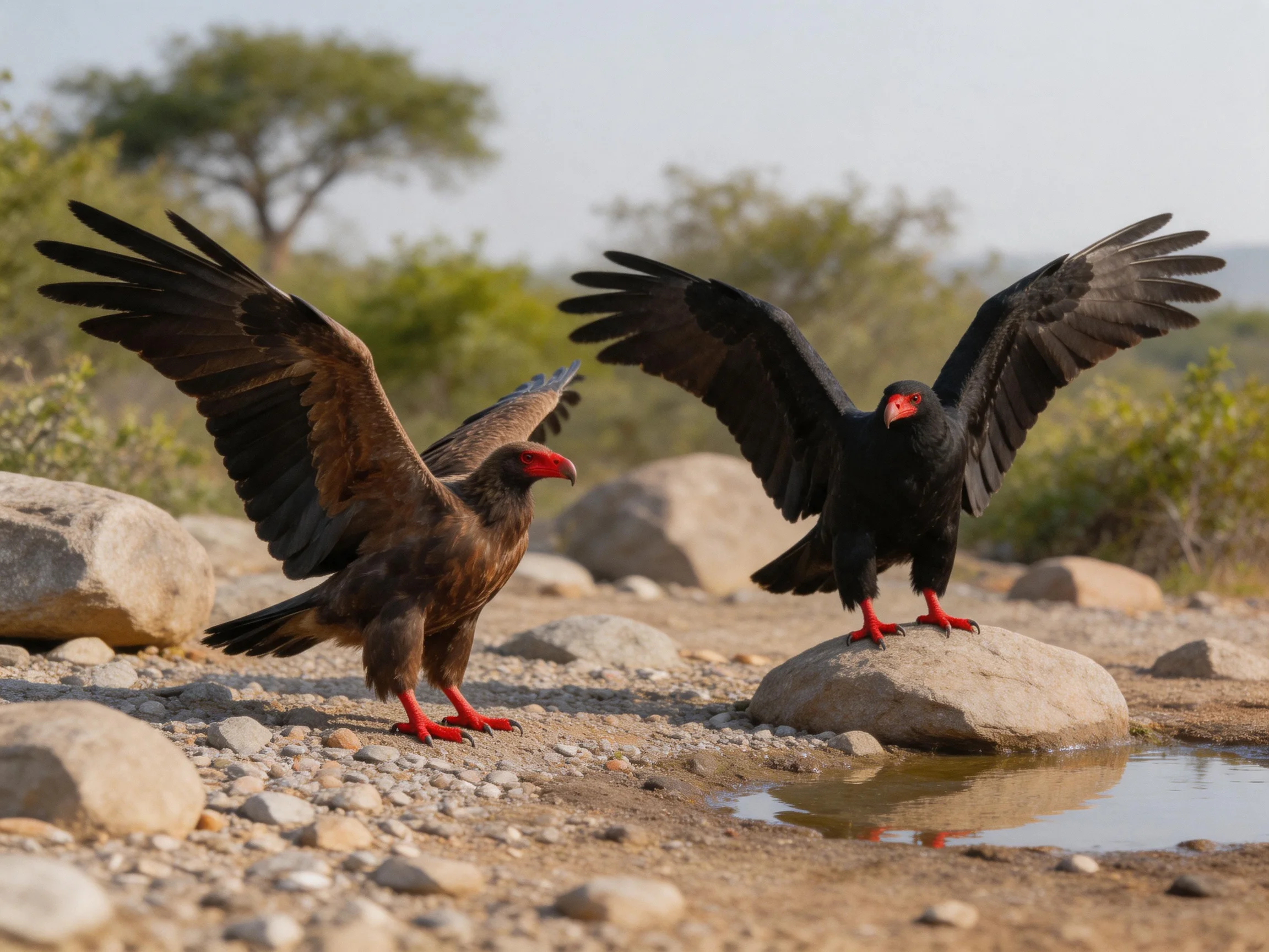 Two birds with red beaks, one brown, one black, near rocks and water