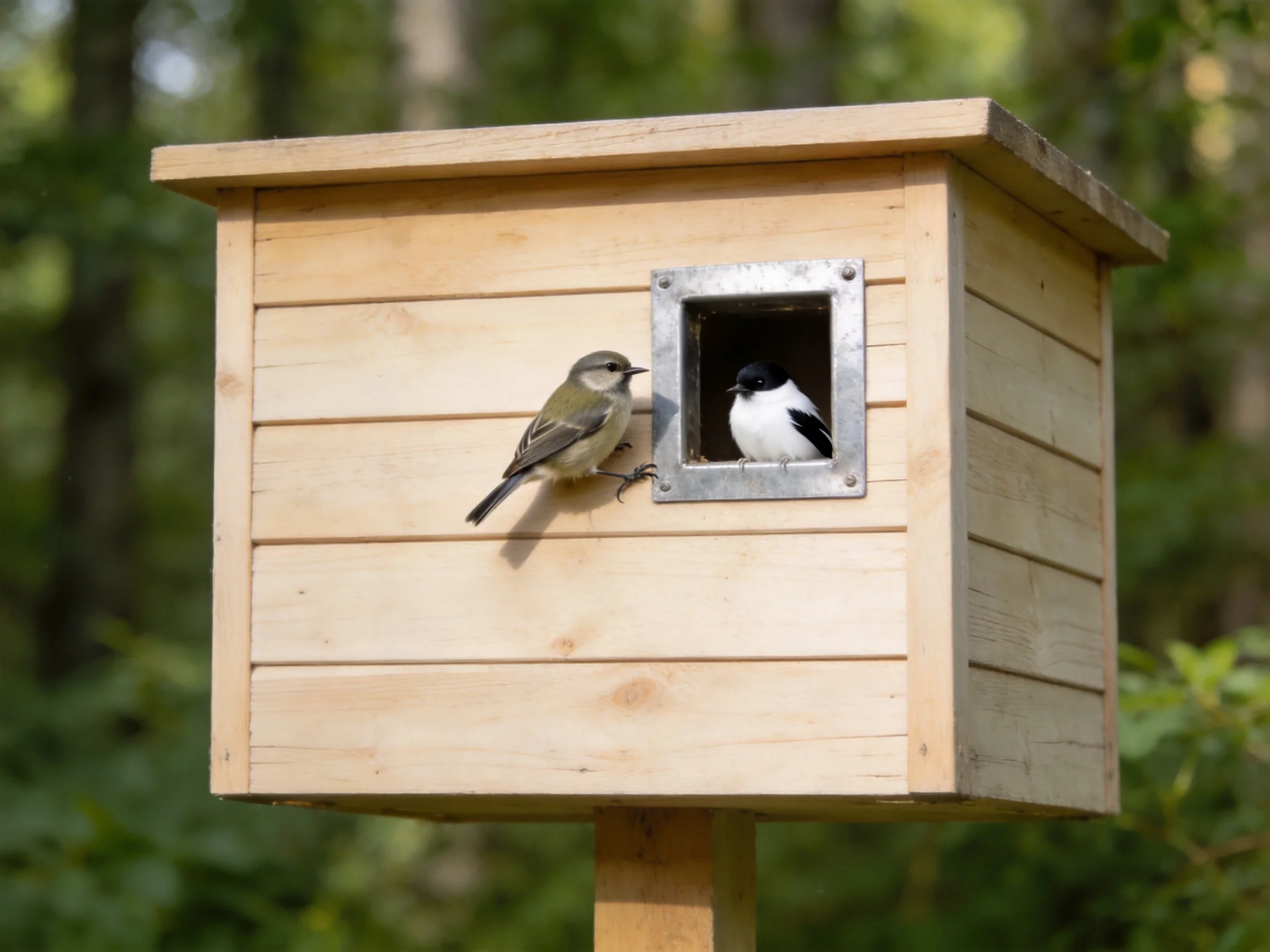Two birds with varied plumages near a wooden birdhouse