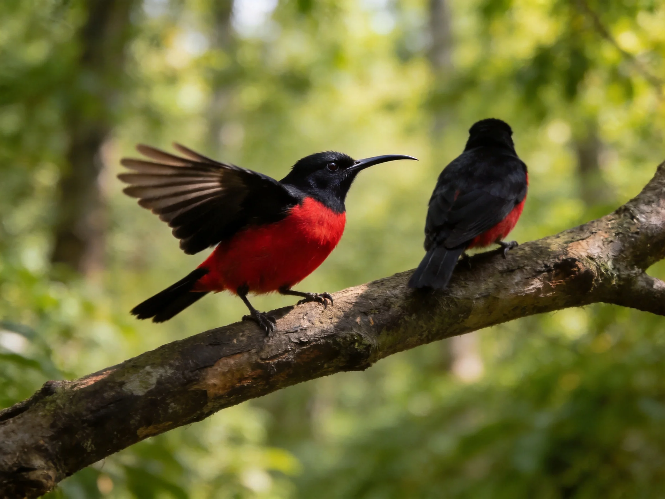 Two black-and-red birds perch on a tree branch in a lush forest