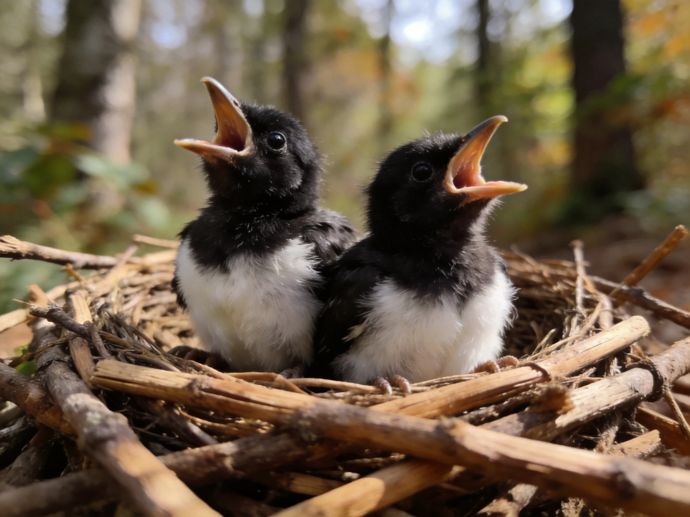 Two black-and-white baby birds in a twig nest with open beaks