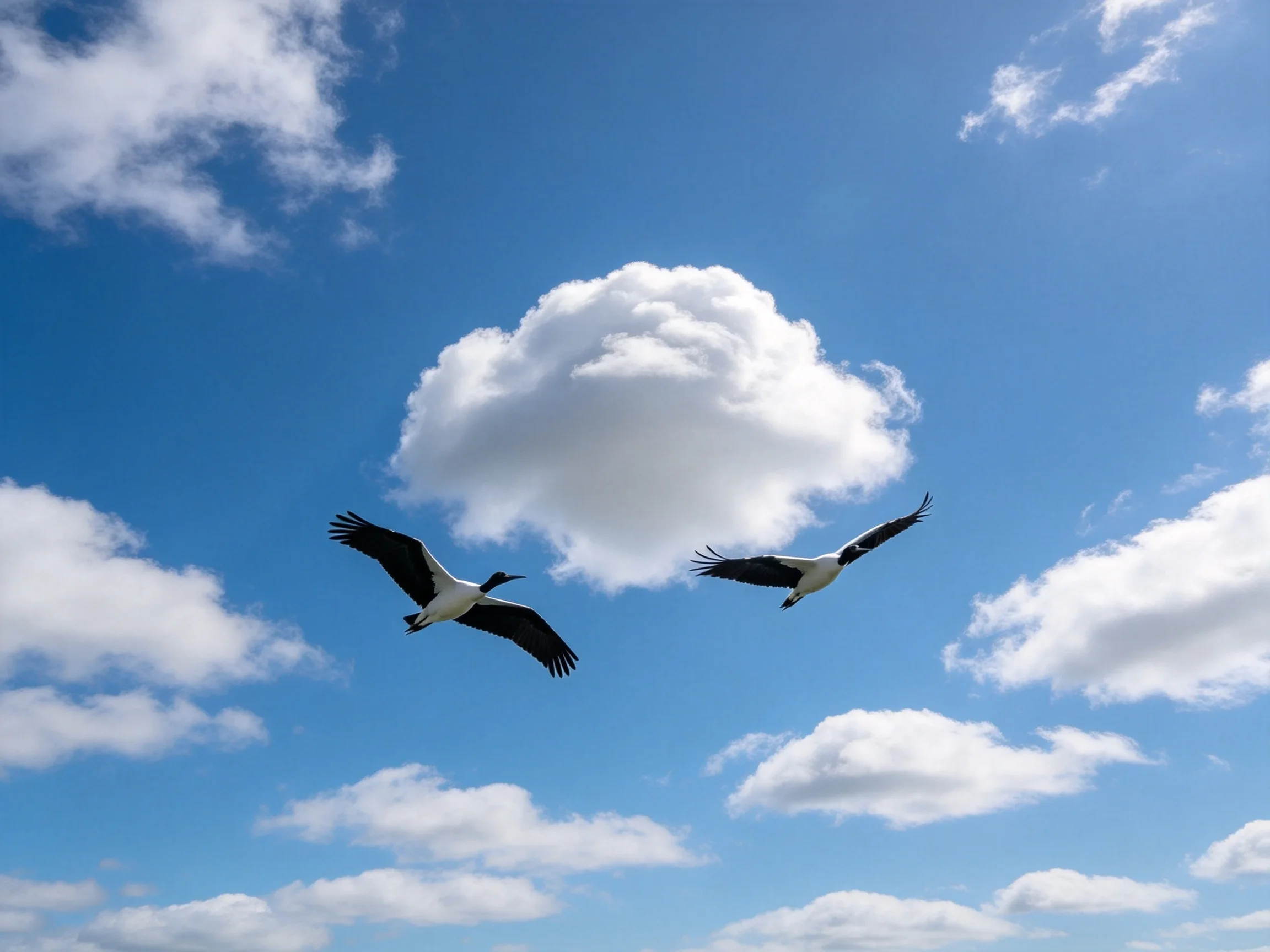 Two black-and-white birds soar through a bright blue sky with fluffy clouds.