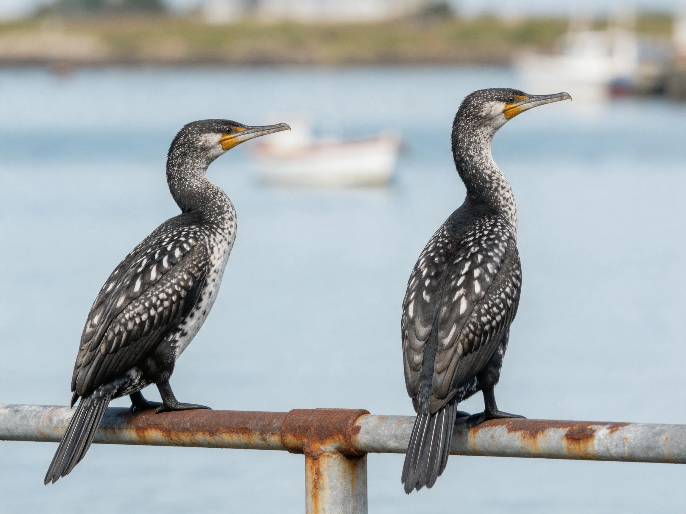 Two cormorants sit on a rusted railing overlooking calm water with boats
