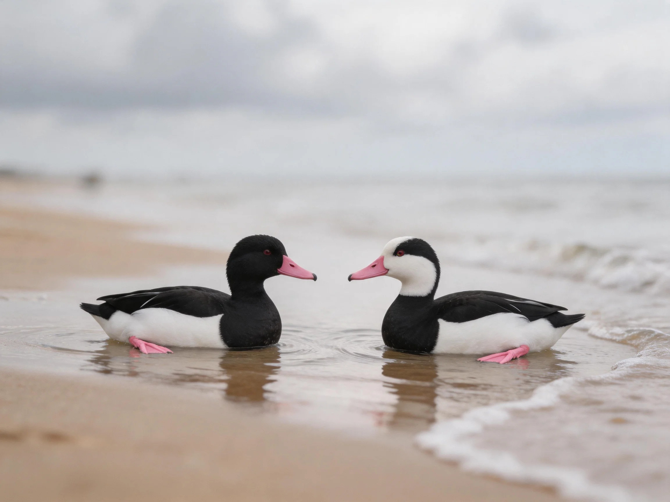 Two black-and-white ducks with pink beaks swim near a sandy shoreline