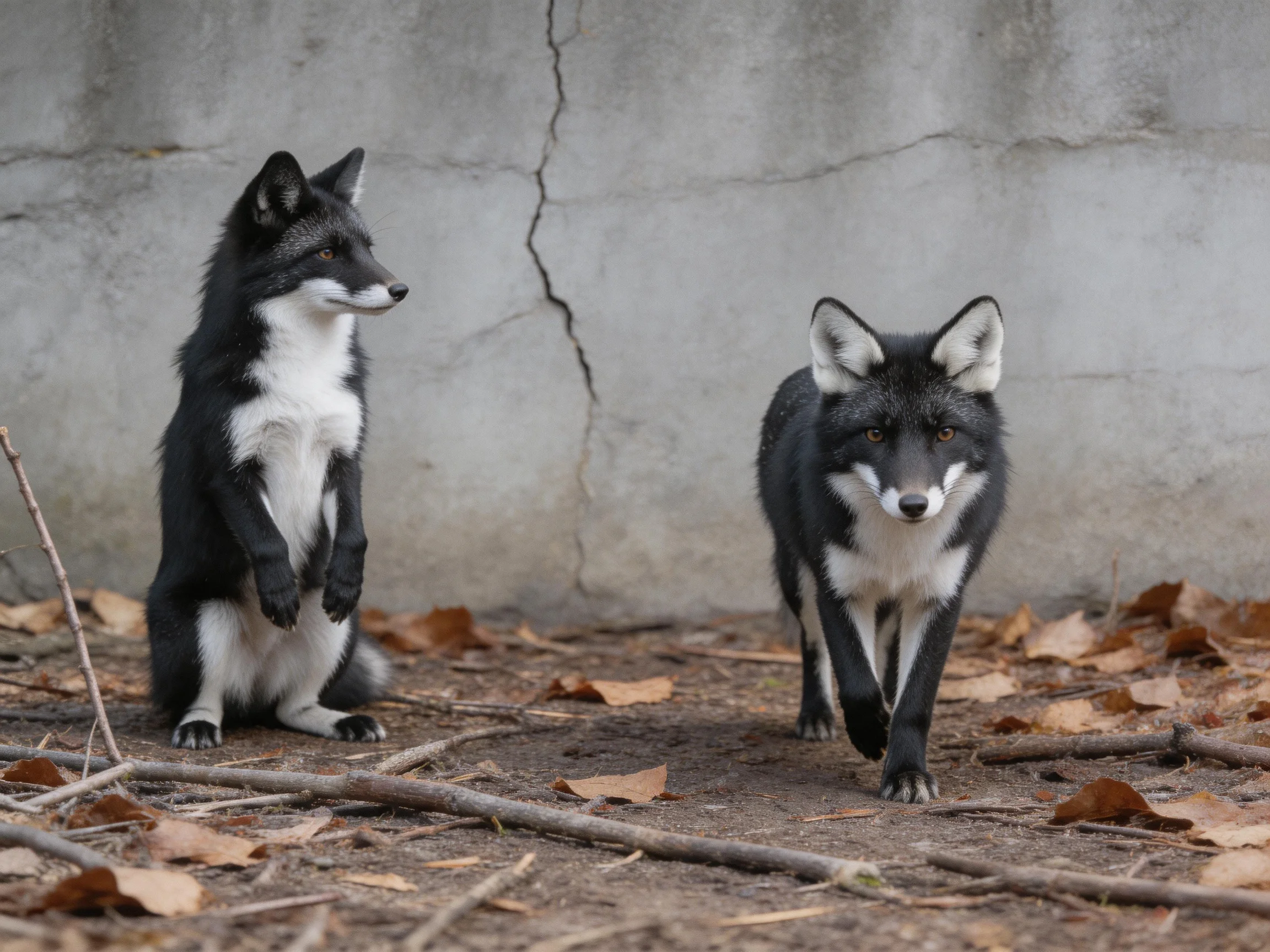 Two black-and-white foxes near a cracked concrete wall with dry leaves