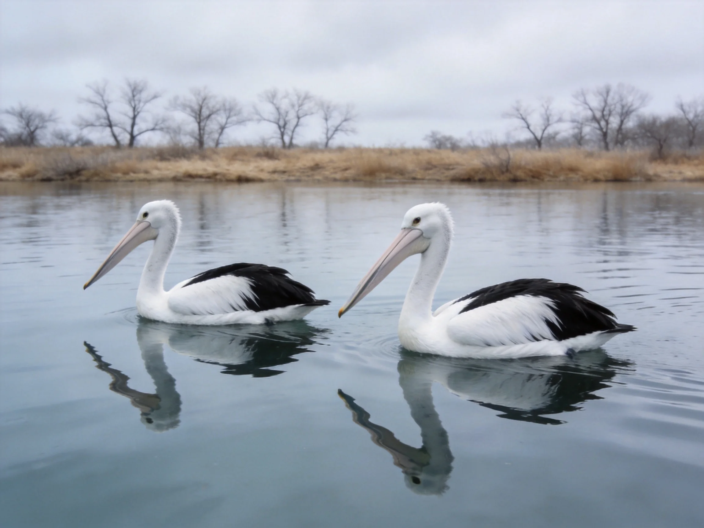 Two black-and-white pelicans float on calm water with leafless trees in the background.