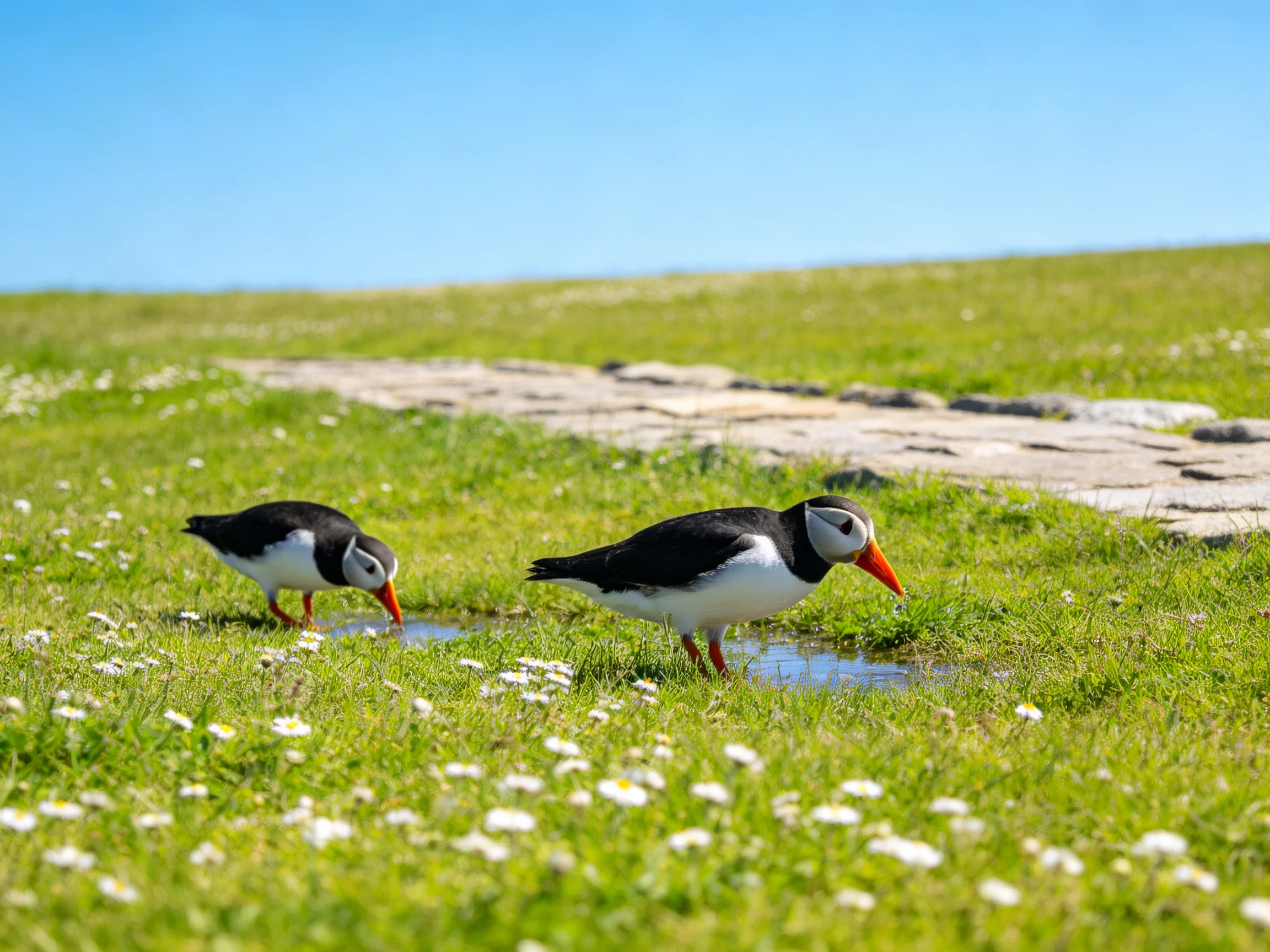Two black-and-white seabirds foraging near puddles in a grassy meadow