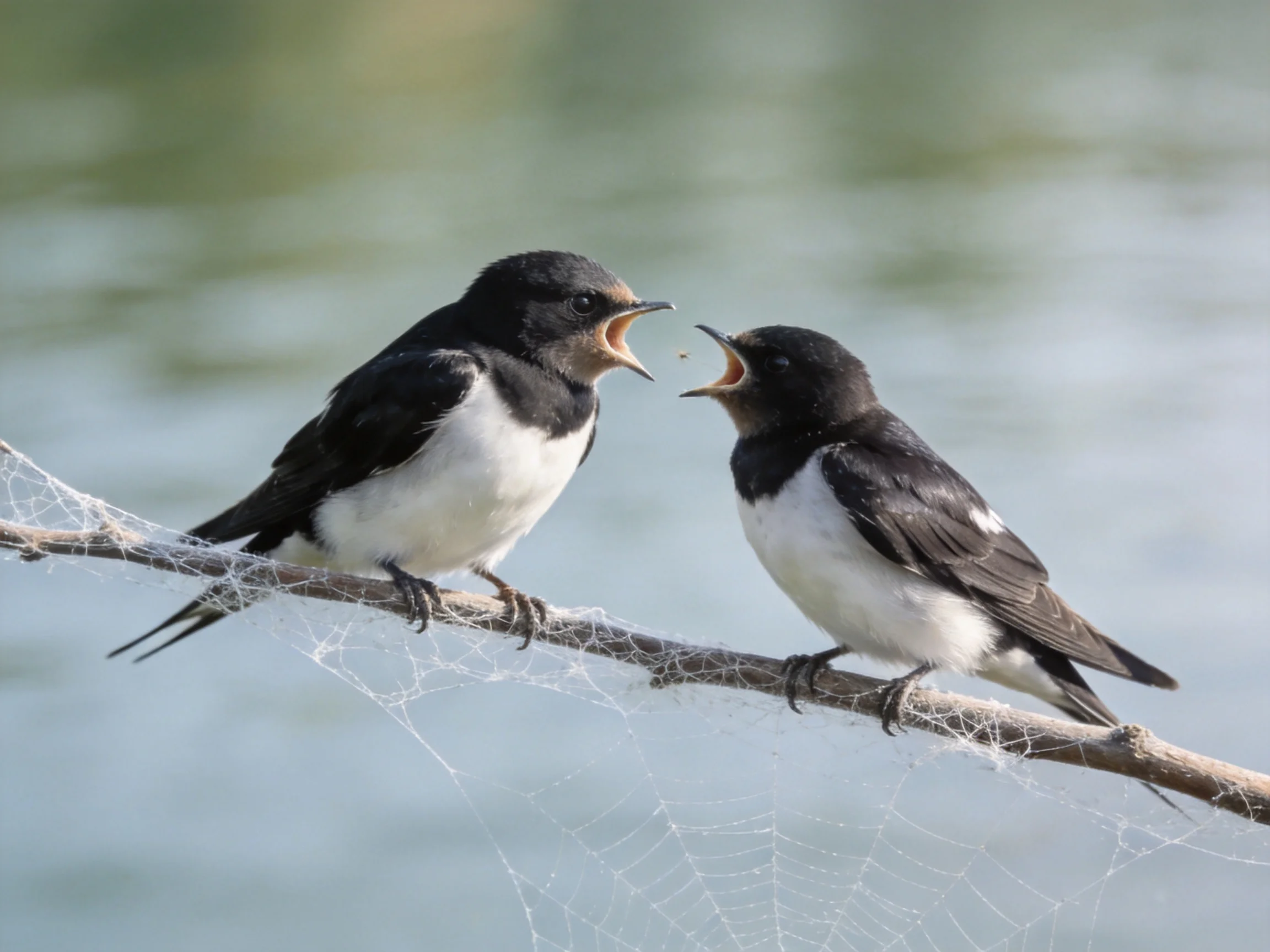 Two black - and - white swallows on a cobweb - covered branch by water