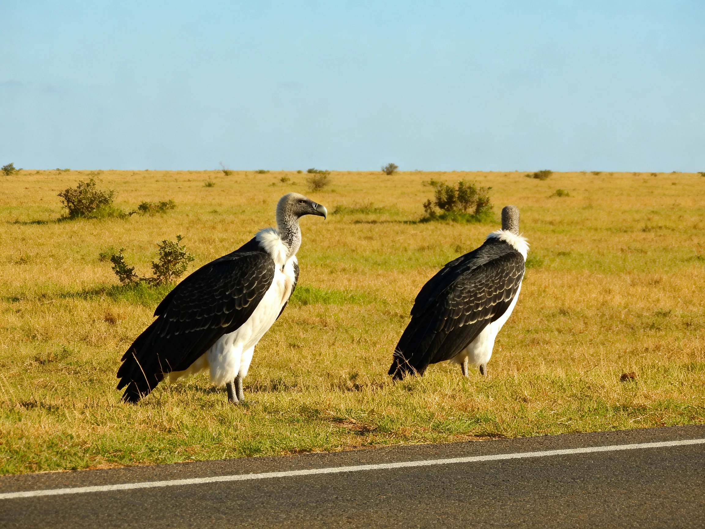 Two vultures stand on golden savannah grass beside a paved road.