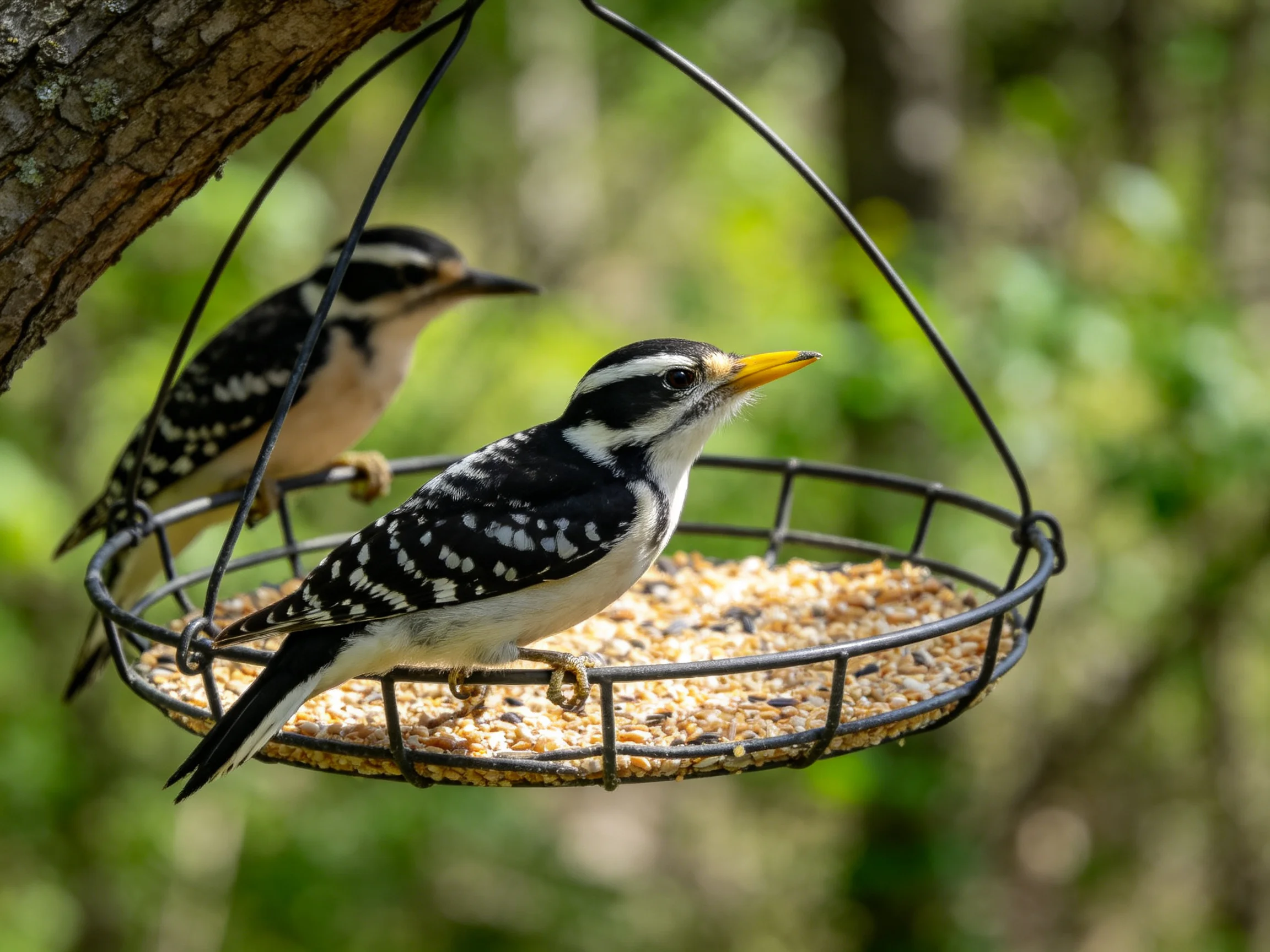 Two black-and-white woodpeckers on a wire seed-filled feeder