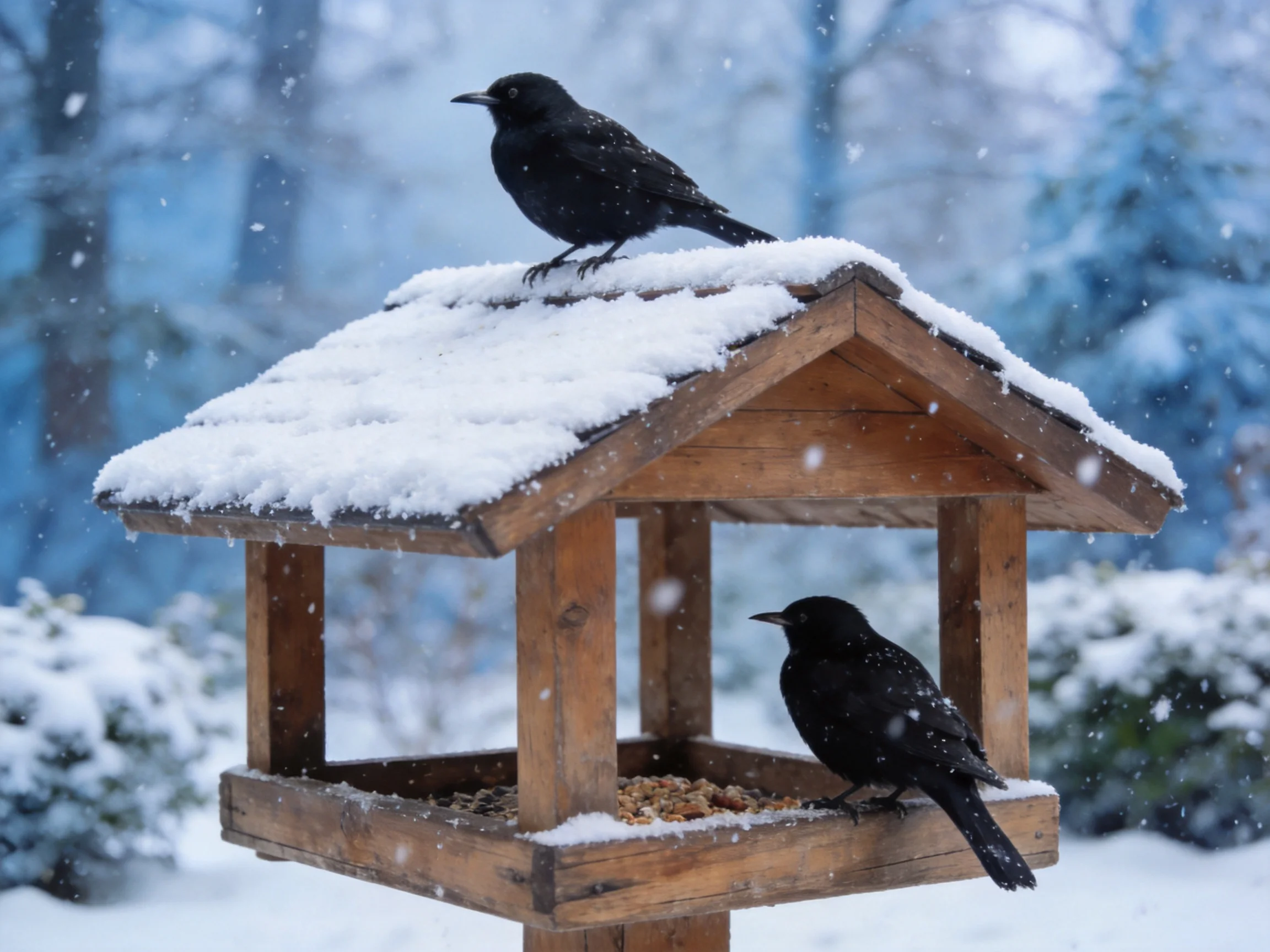 Two black birds on a snow-covered wooden bird feeder in winter
