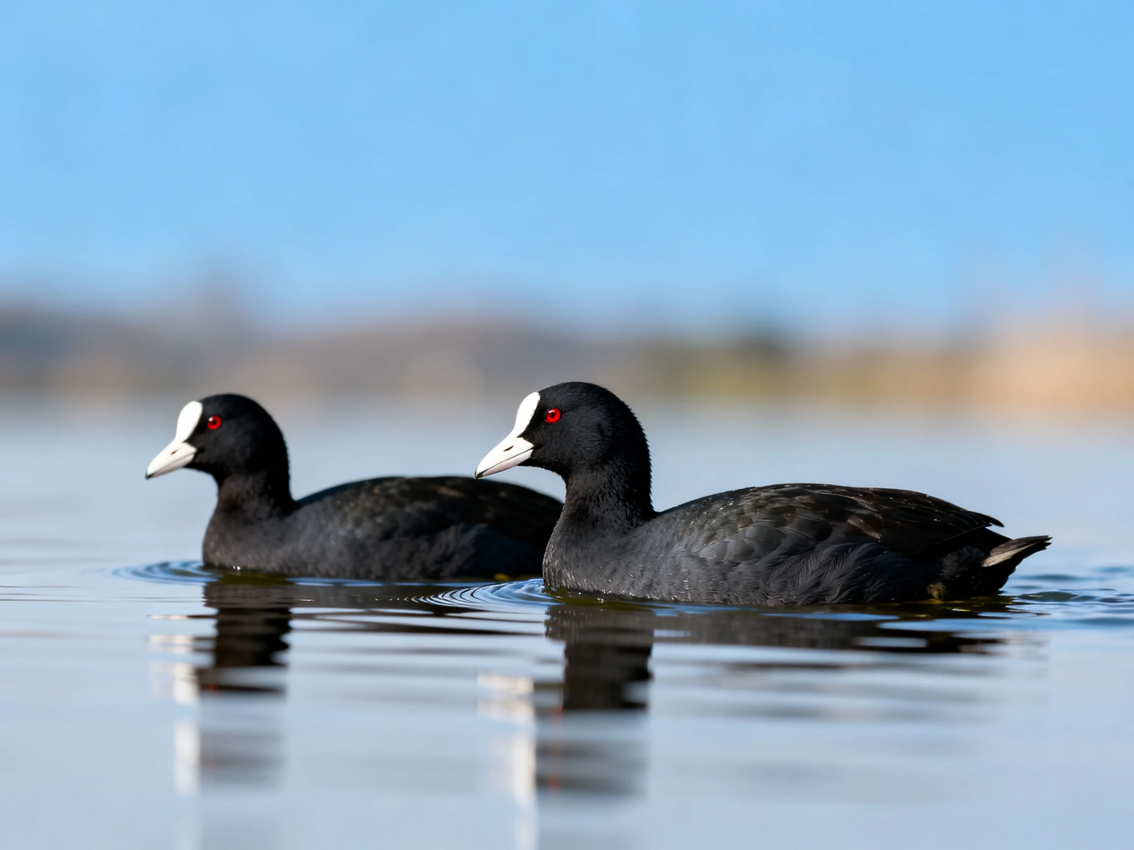 Two black birds with white facial patches float on calm water