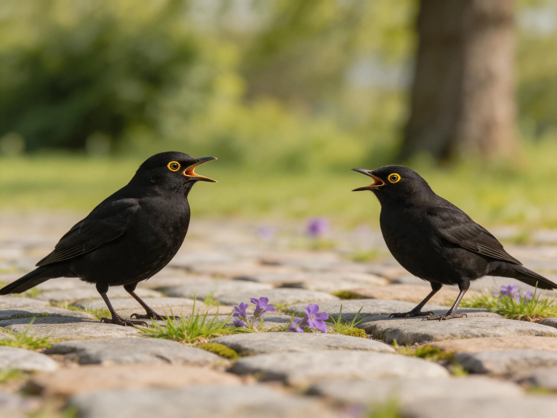 Two black birds with yellow eyes interact on a cobblestone path near purple flowers