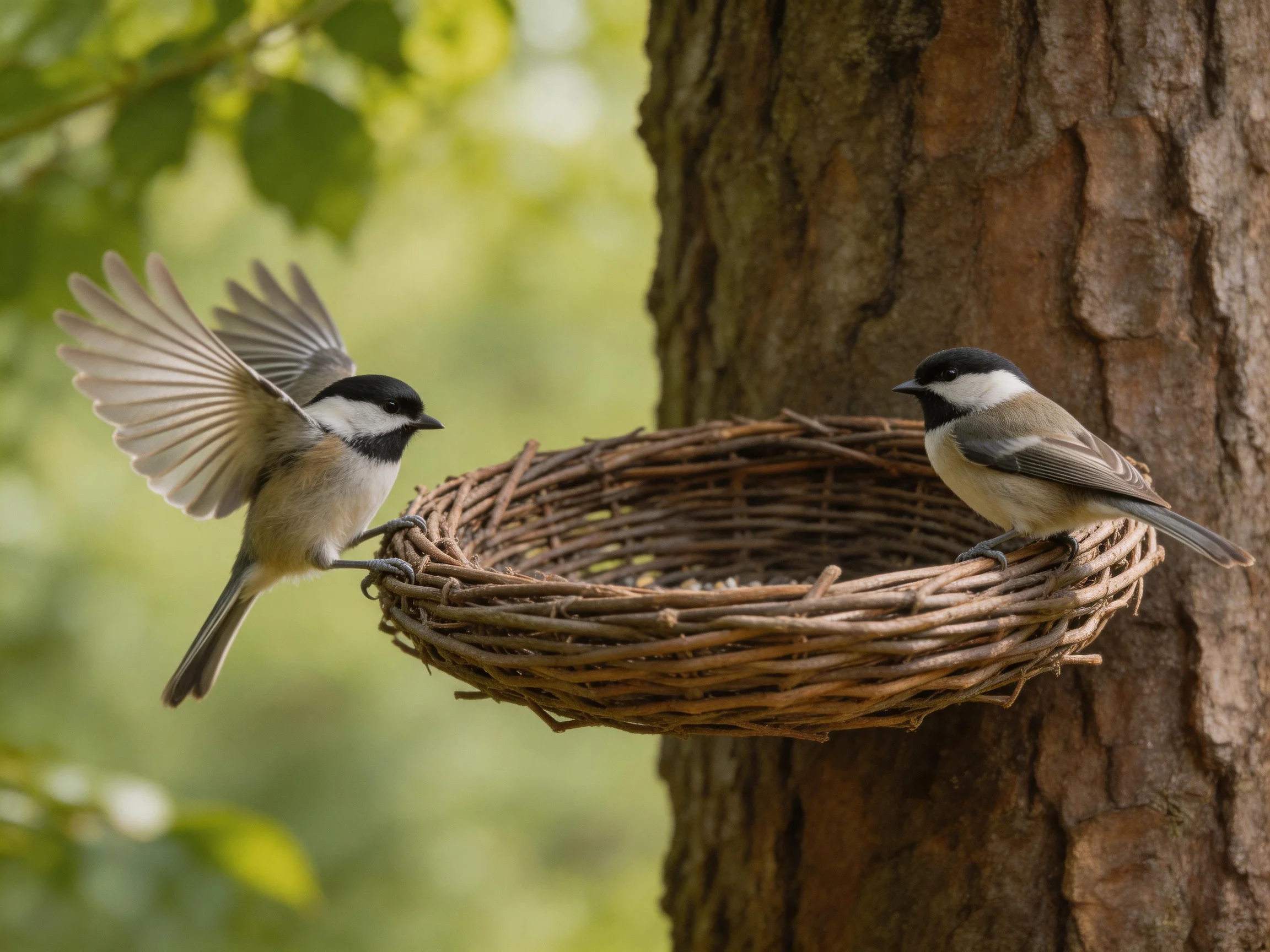 Two black-capped chickadees interact beside a wicker nest on a tree trunk