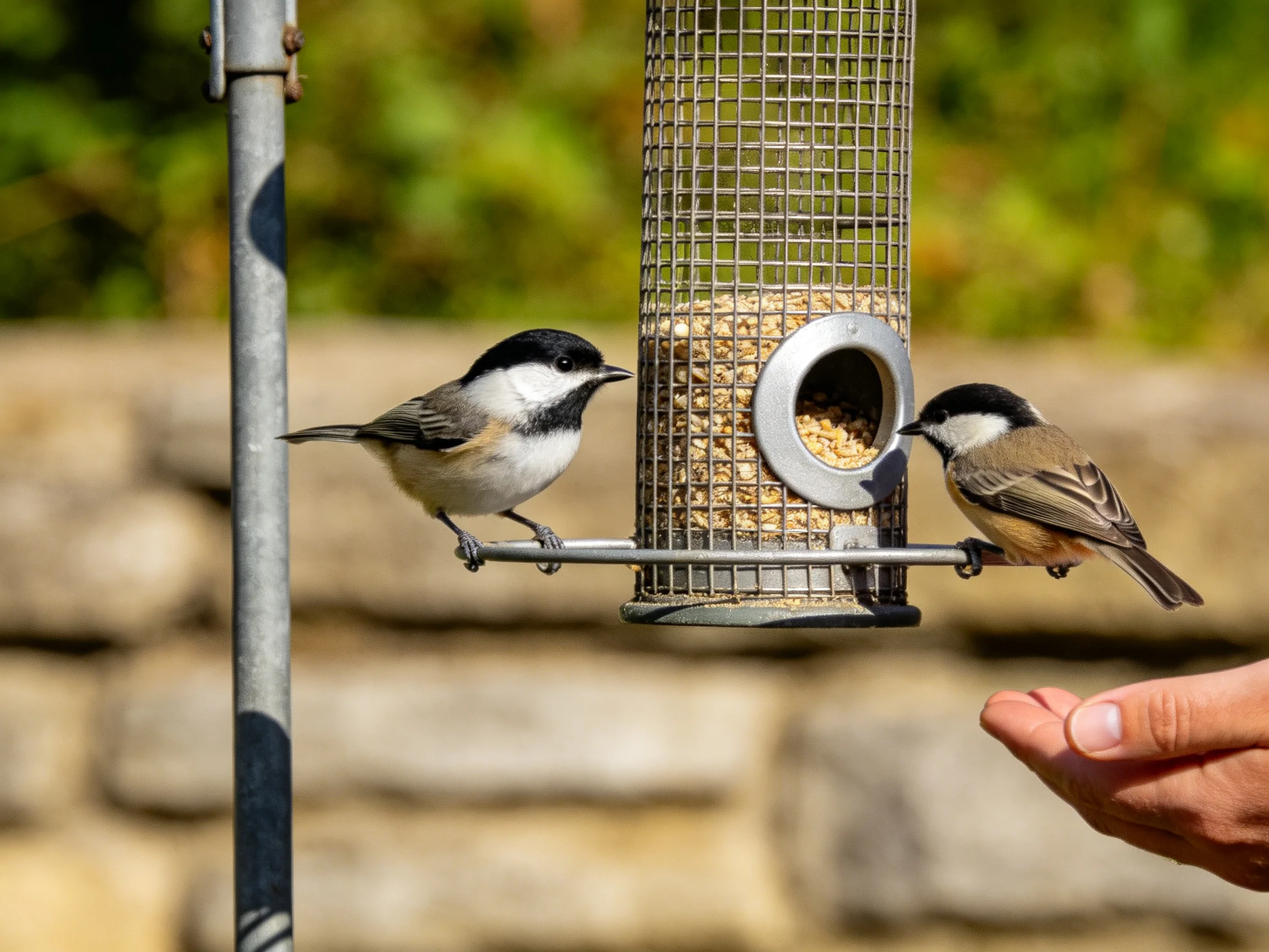 Two black-capped chickadees interact with a metal bird feeder