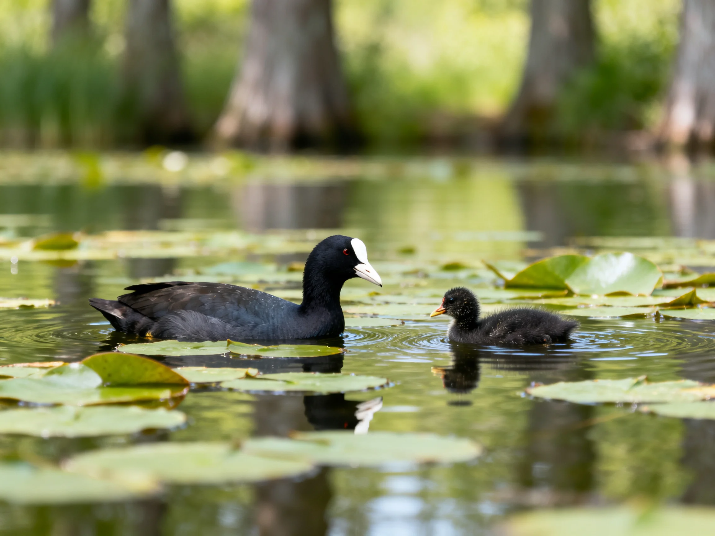 Two black coots swimming among green lily pads near cypress trees