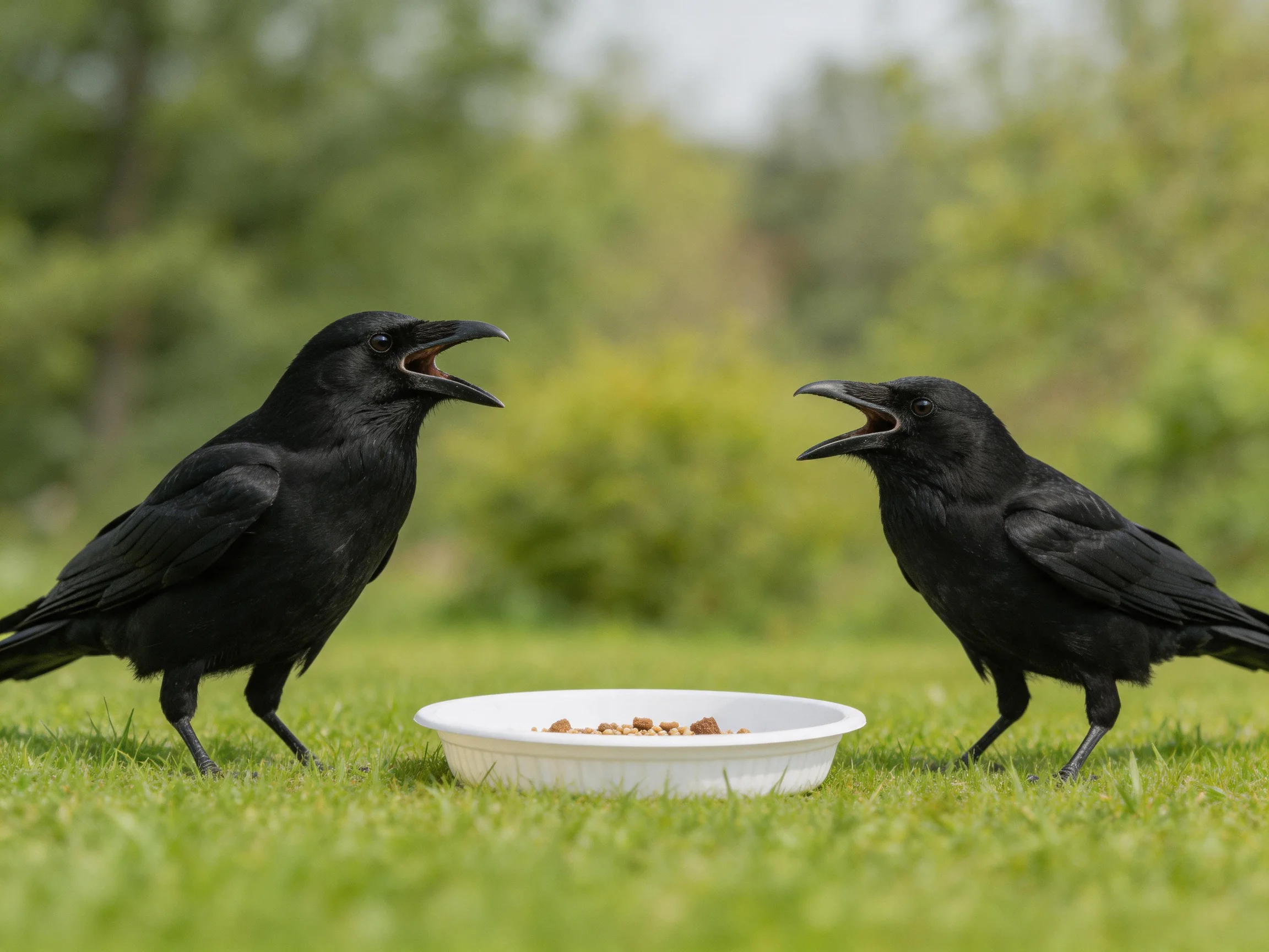Two black crows face each other by a white dish on green grass