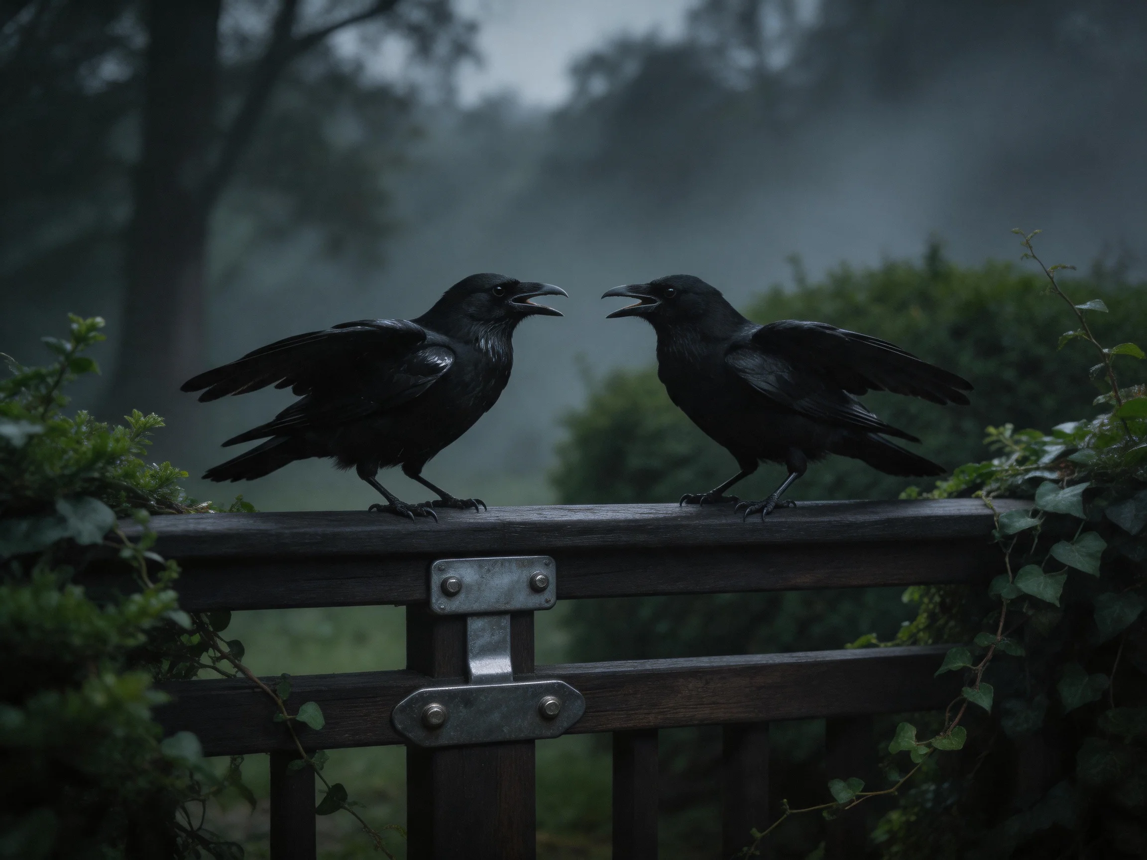 Two black crows interact on a wooden fence amid misty greenery