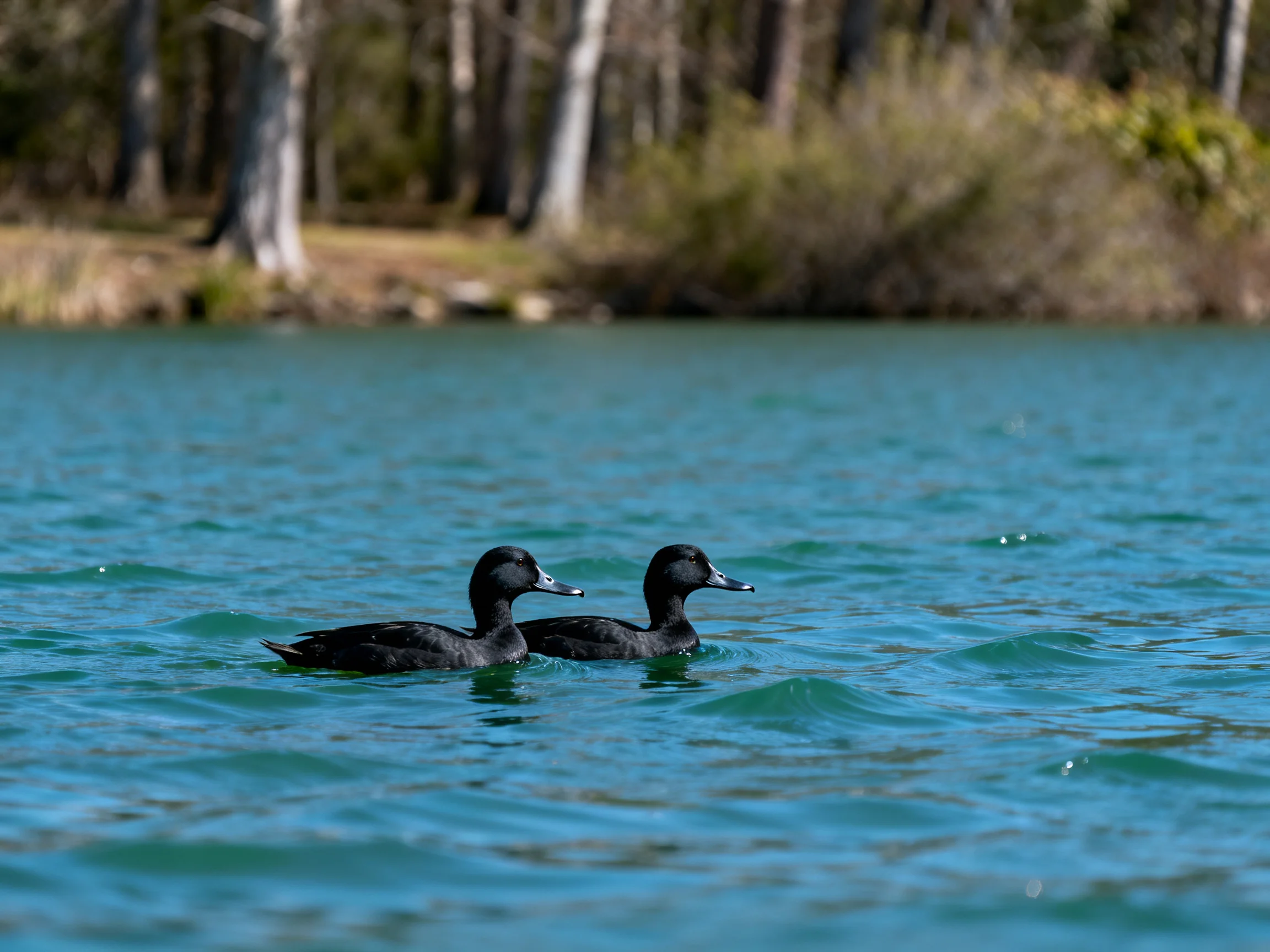 Two black ducks glide across turquoise water near forested shore