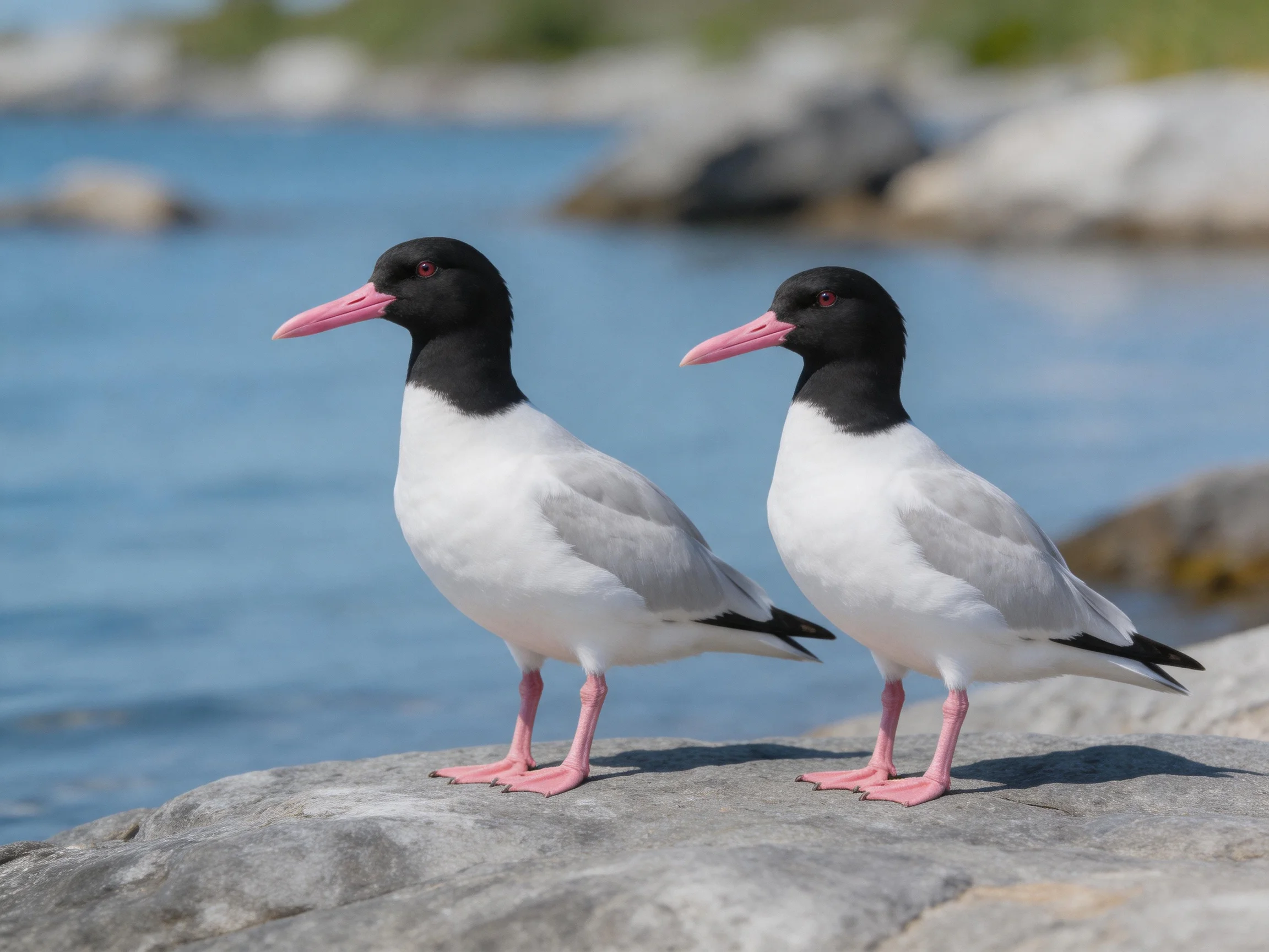 Two black-headed seabirds with pink beaks stand on a rocky shore