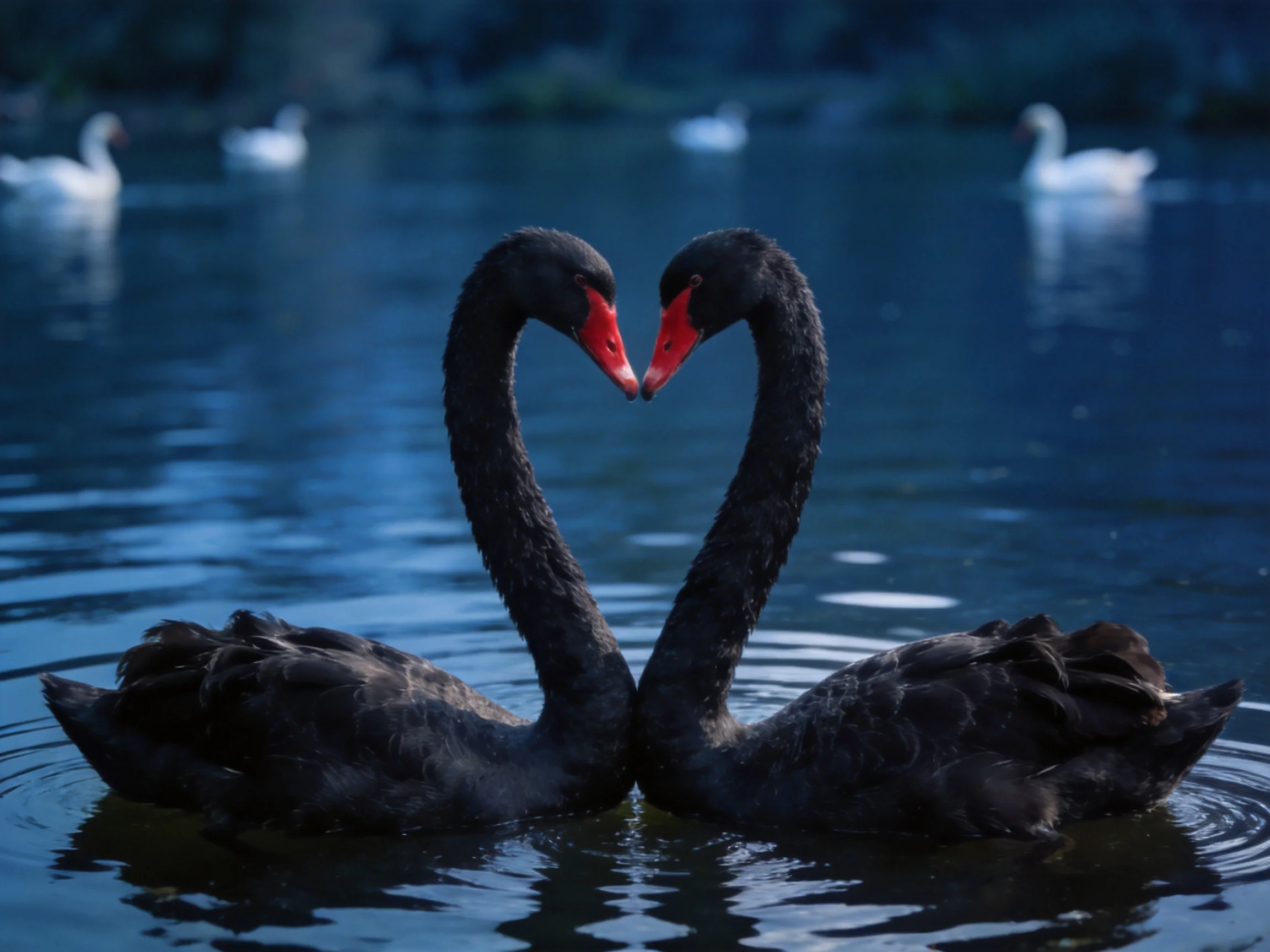 Two black swans form a heart shape in blue water