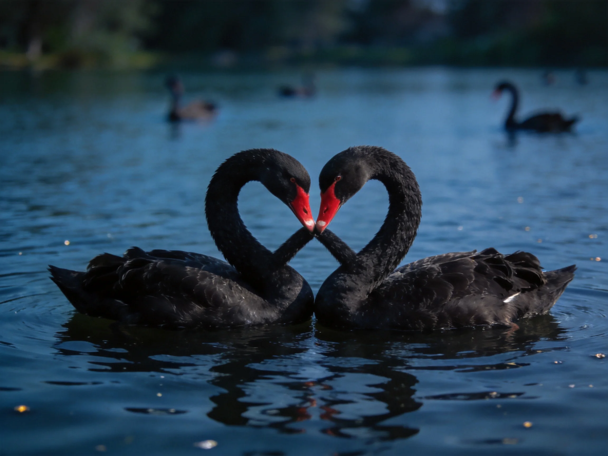 Two black swans form heart shapes in calm blue water
