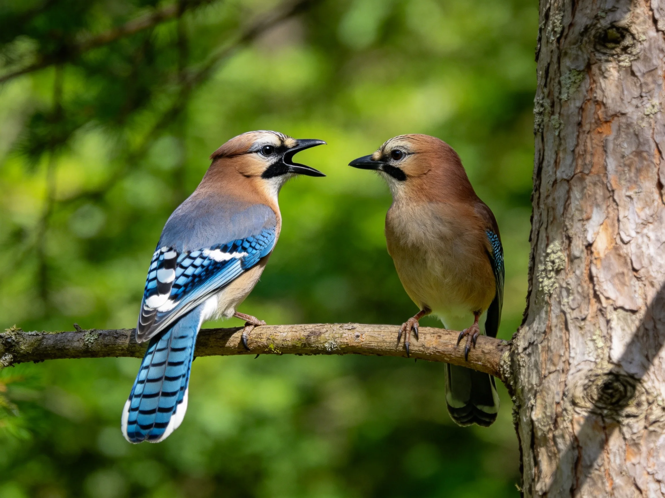 Two blue and brown birds interacting on a tree branch