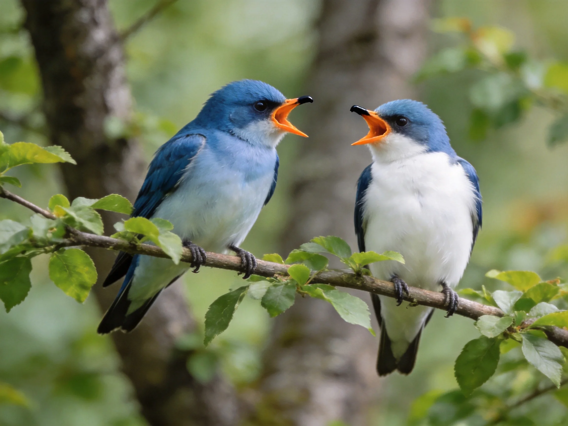 Two blue and white birds interacting on a leafy branch