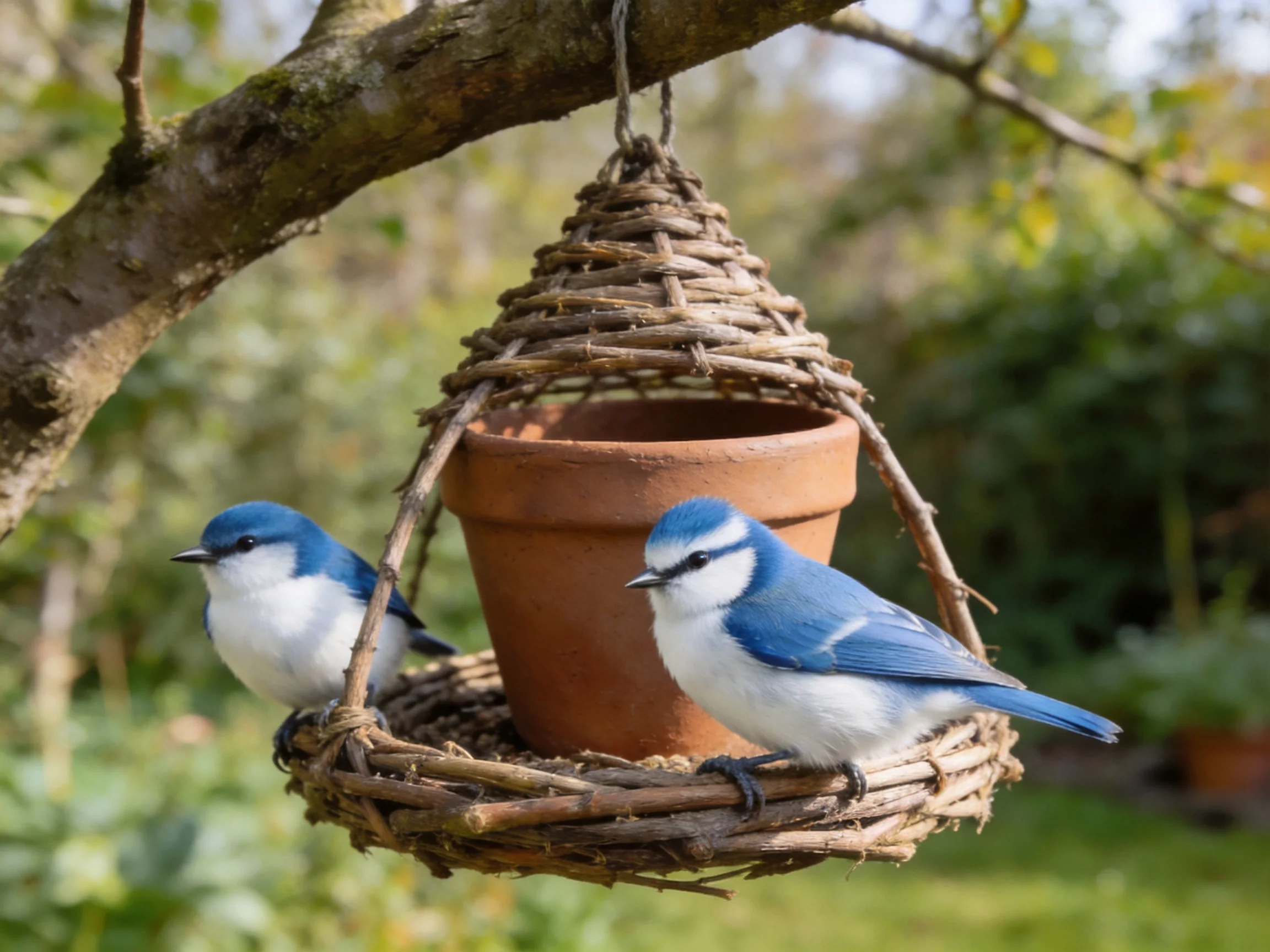 Two blue and white birds on a wicker and terracotta bird feeder