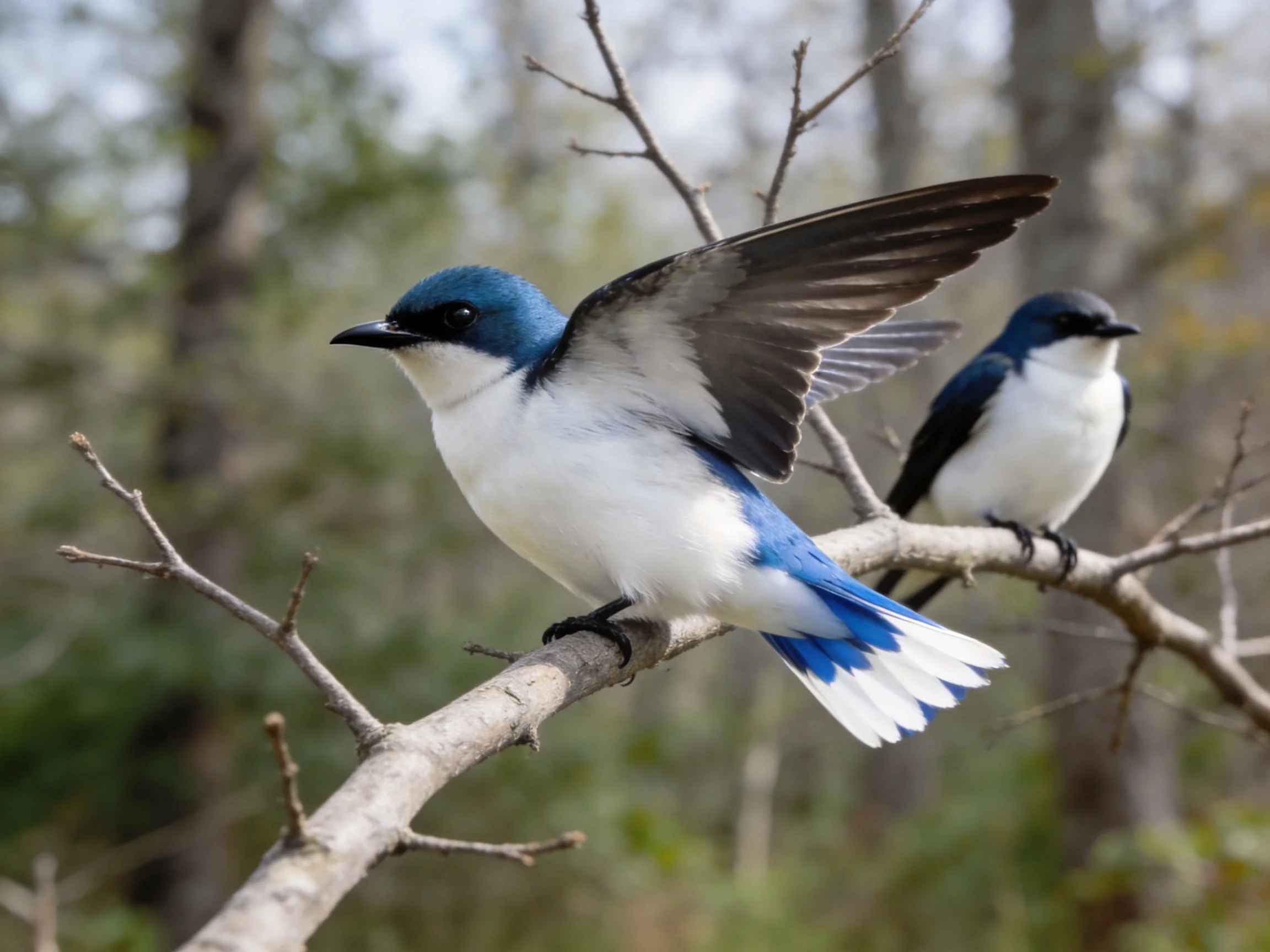 Two blue-and-white birds resting on bare tree branches