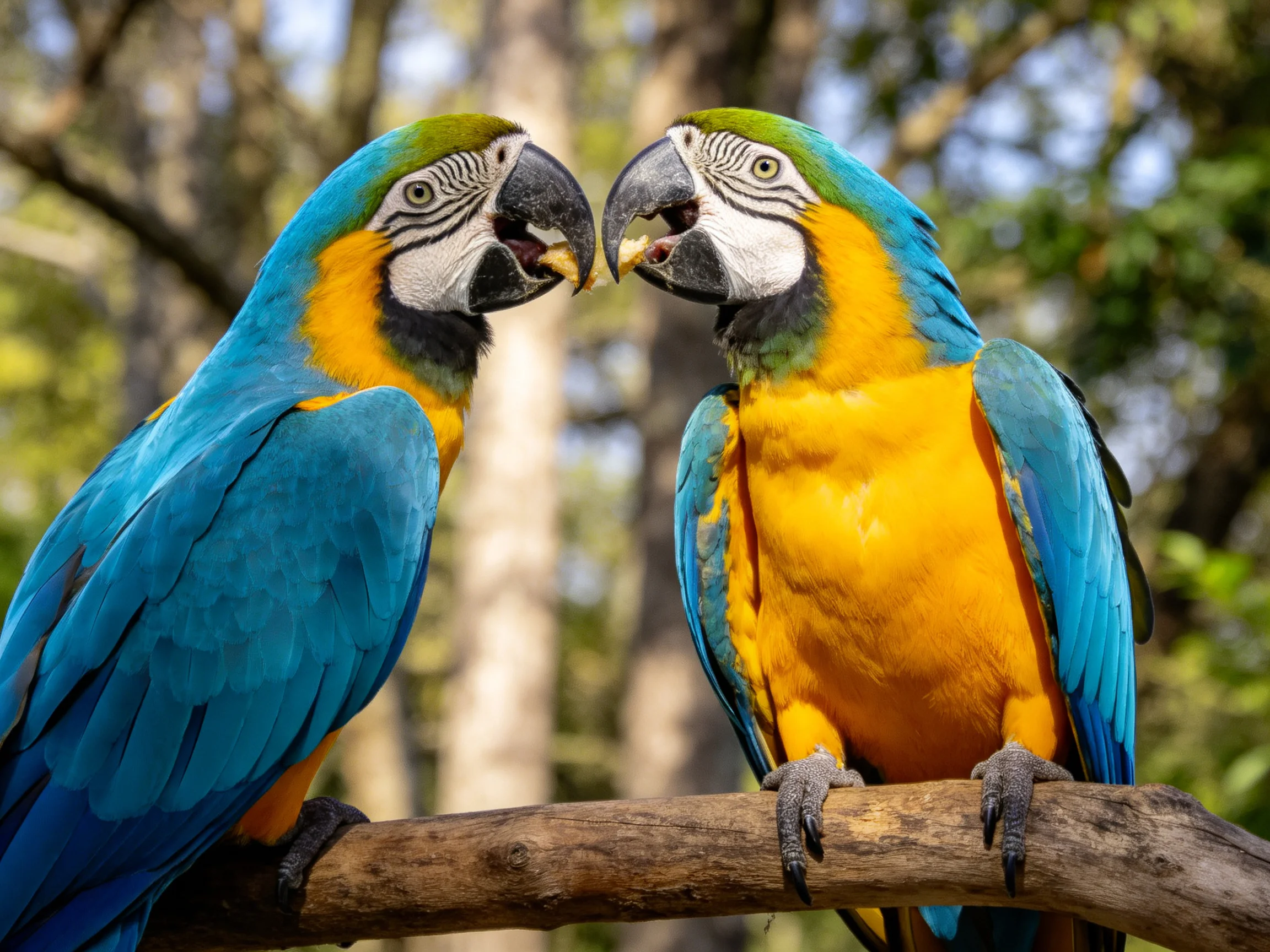 Two blue and yellow macaws interact on a wooden branch