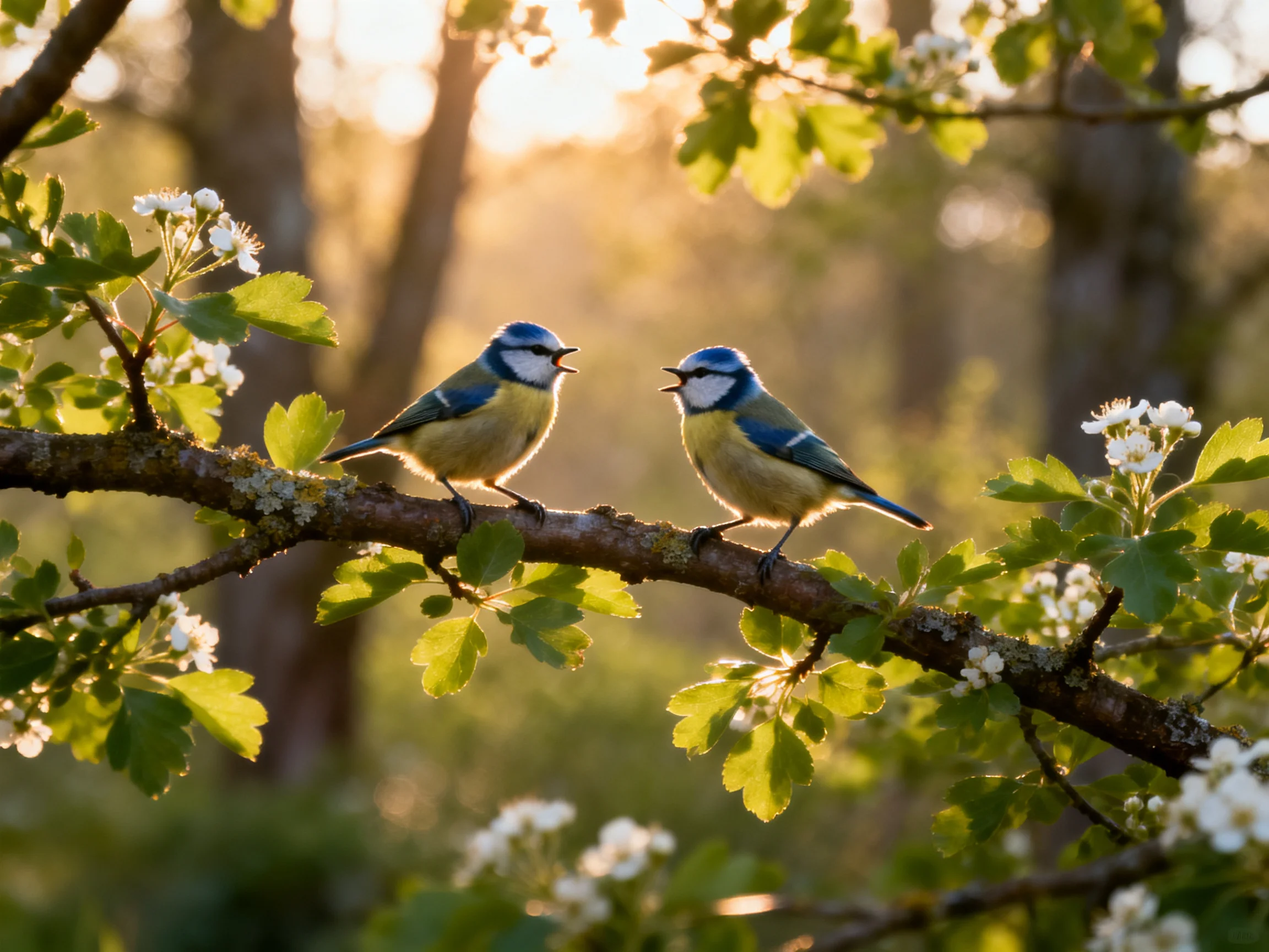 Two blue birds conversing on a flowering tree branch in golden light