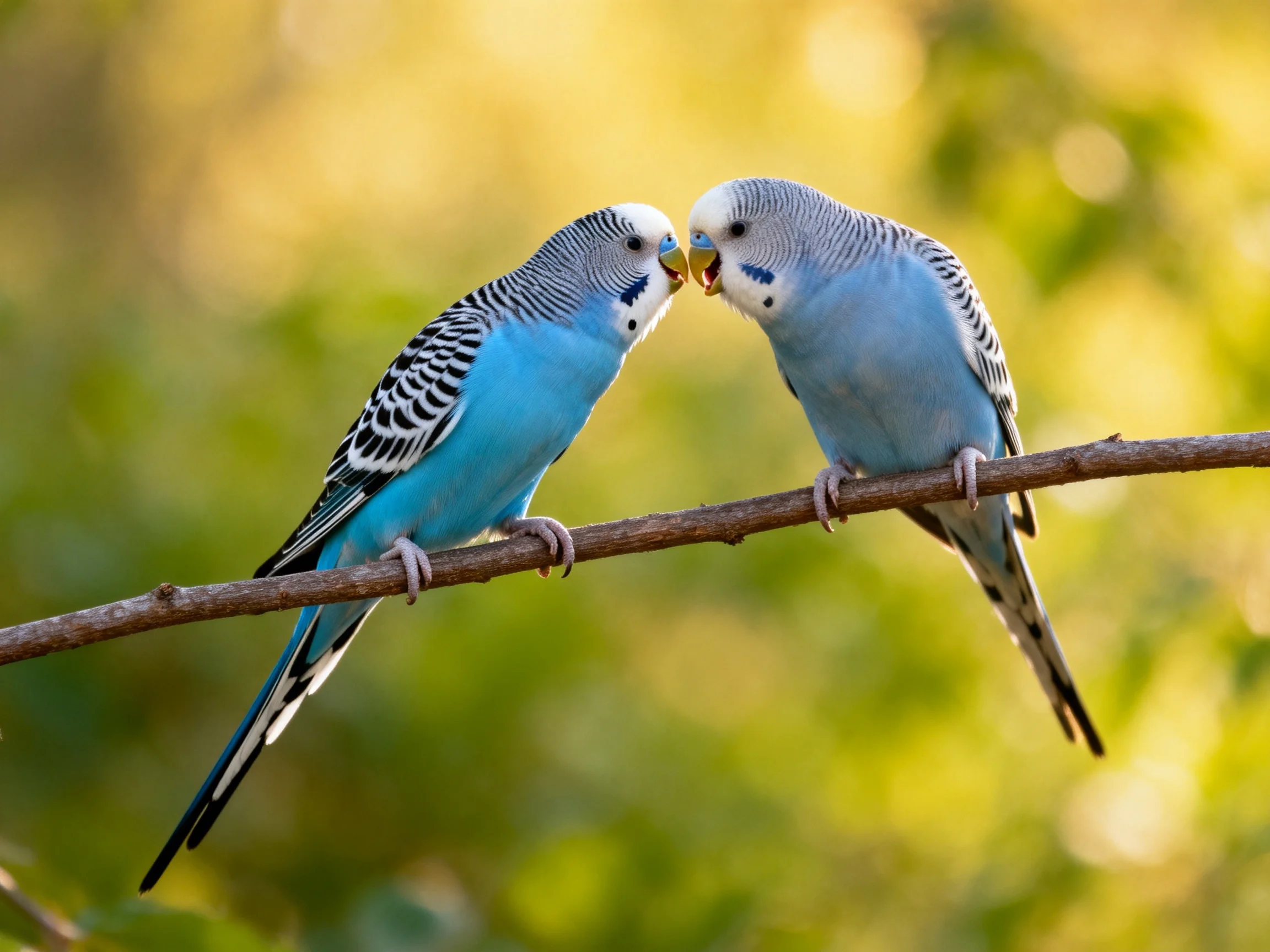 Two blue budgerigars nuzzling on a brown tree branch