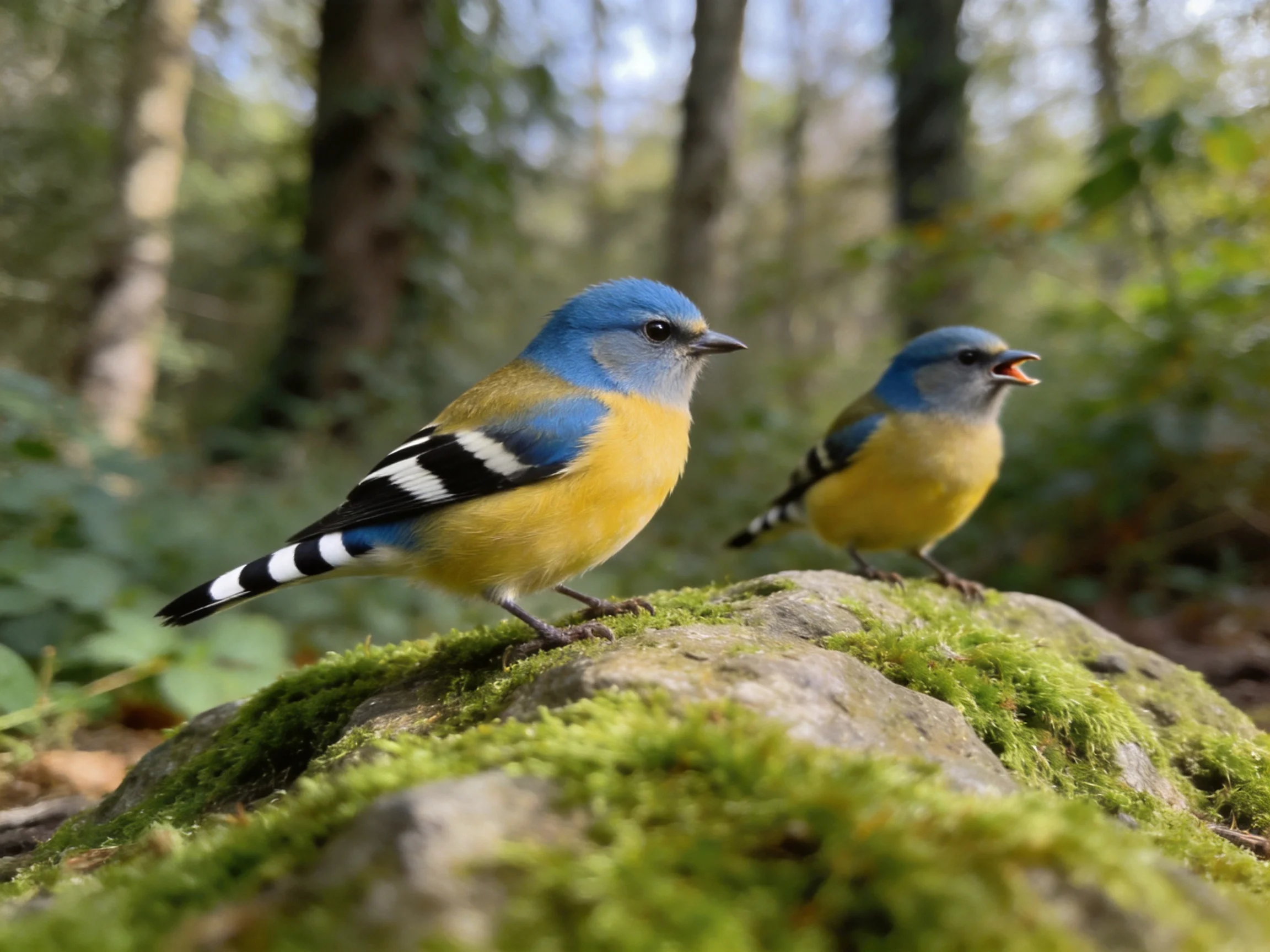 Two vibrantly colored birds rest on a mossy rock amid forest trees.
