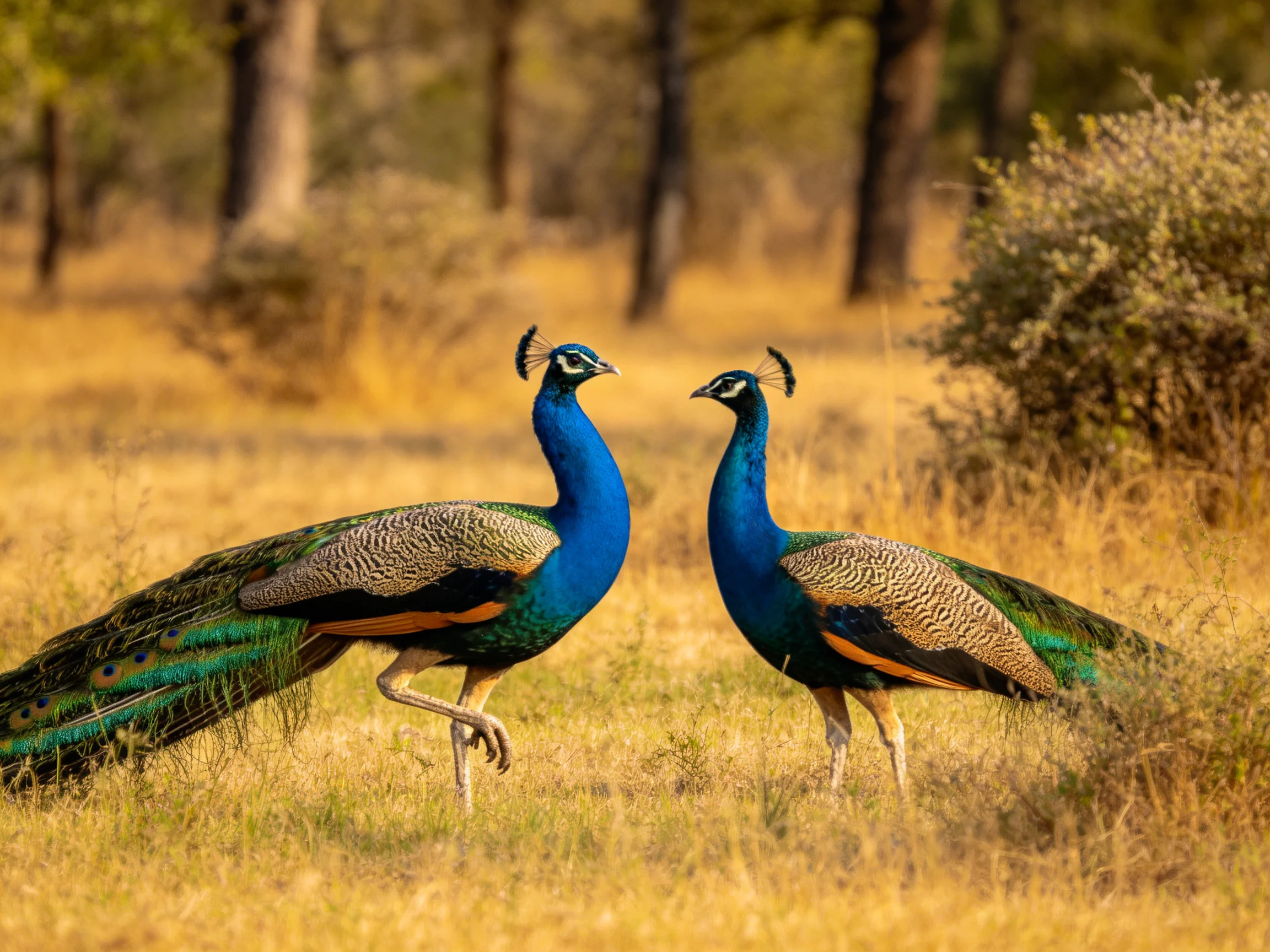 Two blue-necked peacocks face each other in sunlit grassland